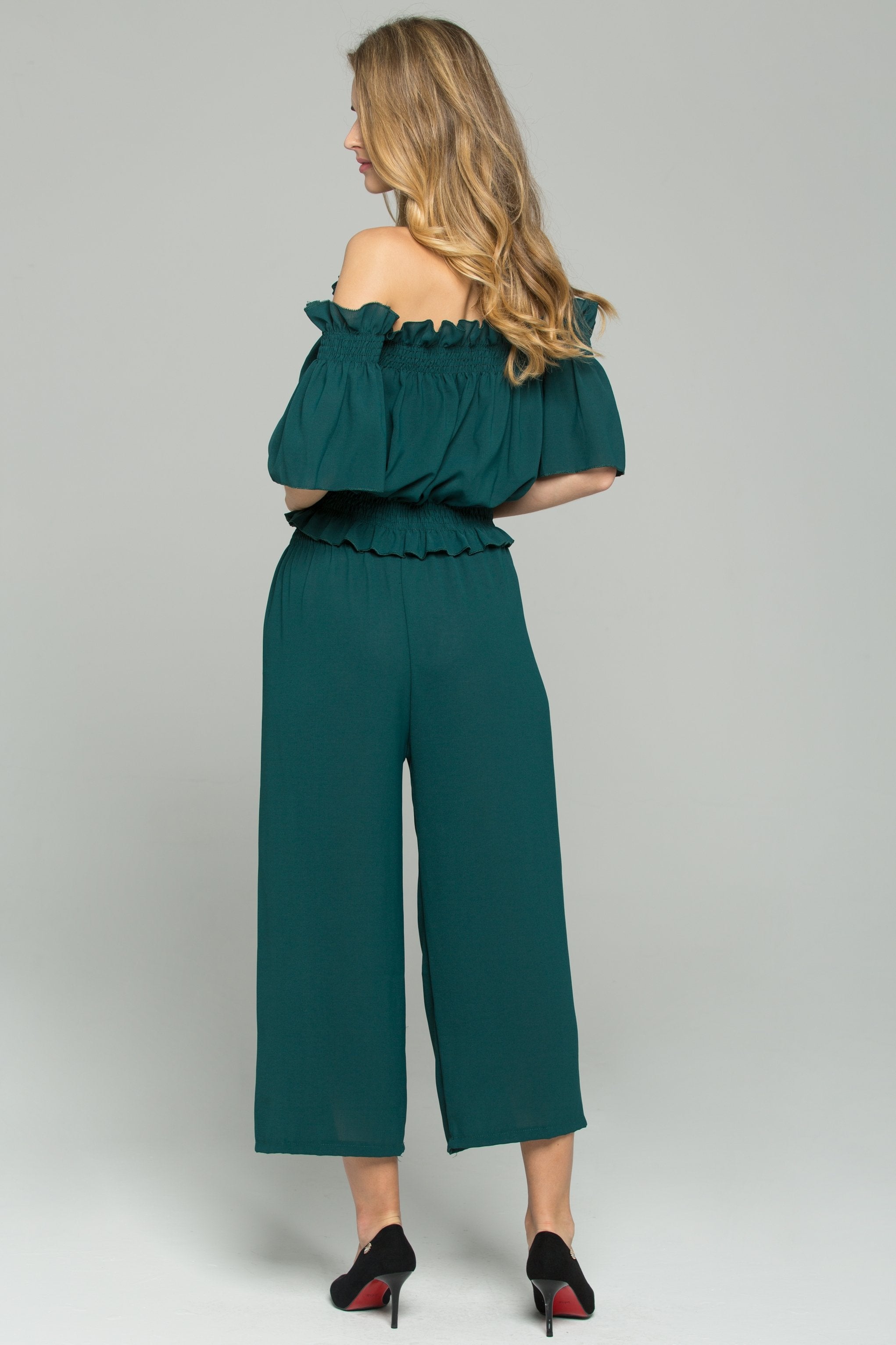Olive Green Chiffon Off-The-Shoulder Ruched Pleat Co-ord - ownthelooks-Development