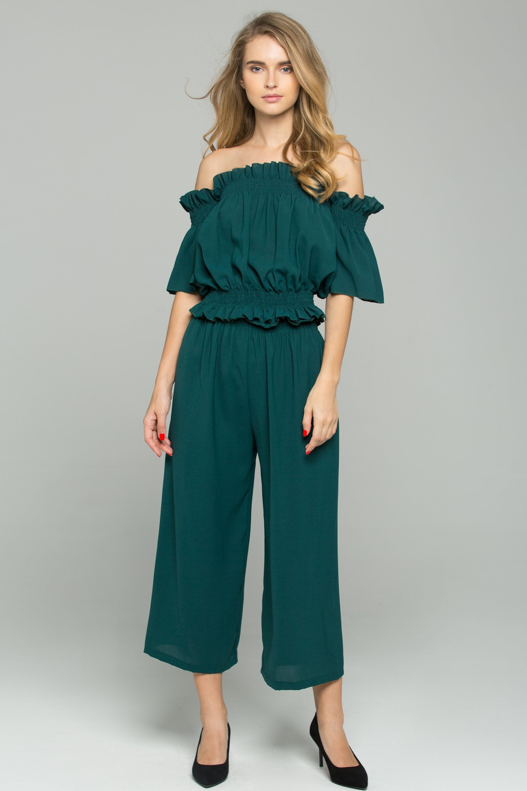 Olive Green Chiffon Off-The-Shoulder Ruched Pleat Co-ord - ownthelooks-Development