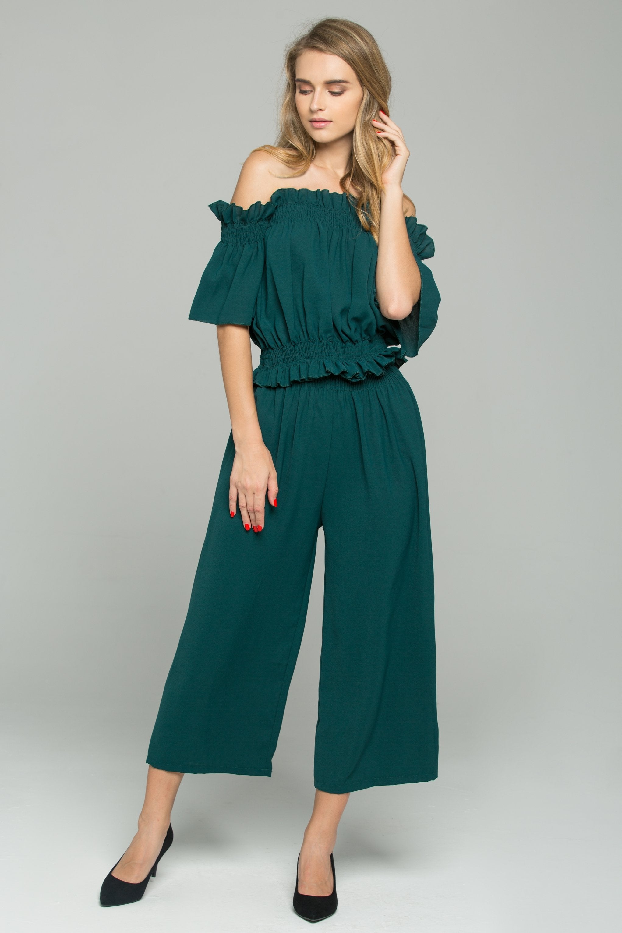 Olive Green Chiffon Off-The-Shoulder Ruched Pleat Co-ord - ownthelooks-Development