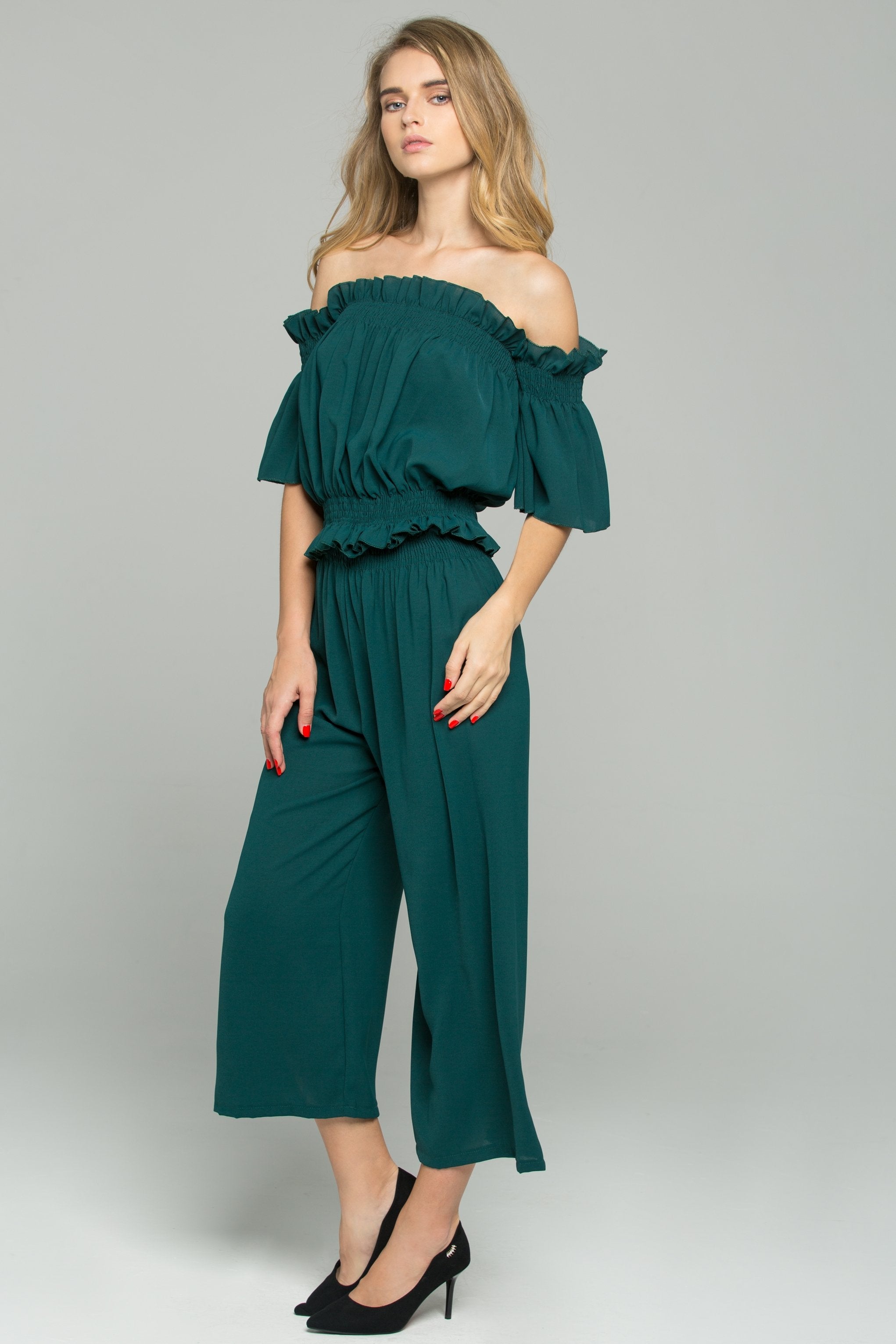 Olive Green Chiffon Off-The-Shoulder Ruched Pleat Co-ord - ownthelooks-Development