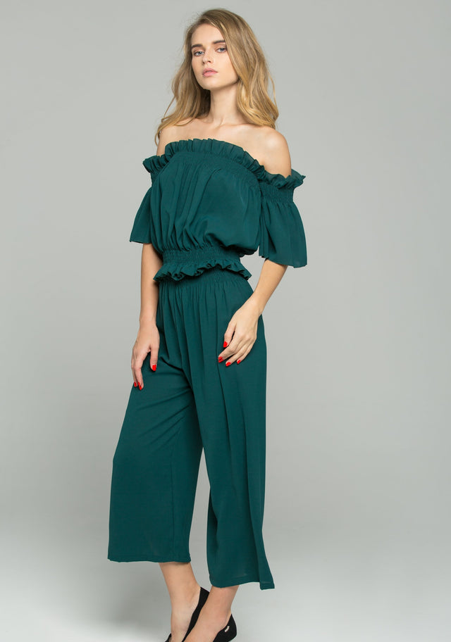Olive Green Chiffon Off-The-Shoulder Ruched Pleat Co-ord - ownthelooks-Development