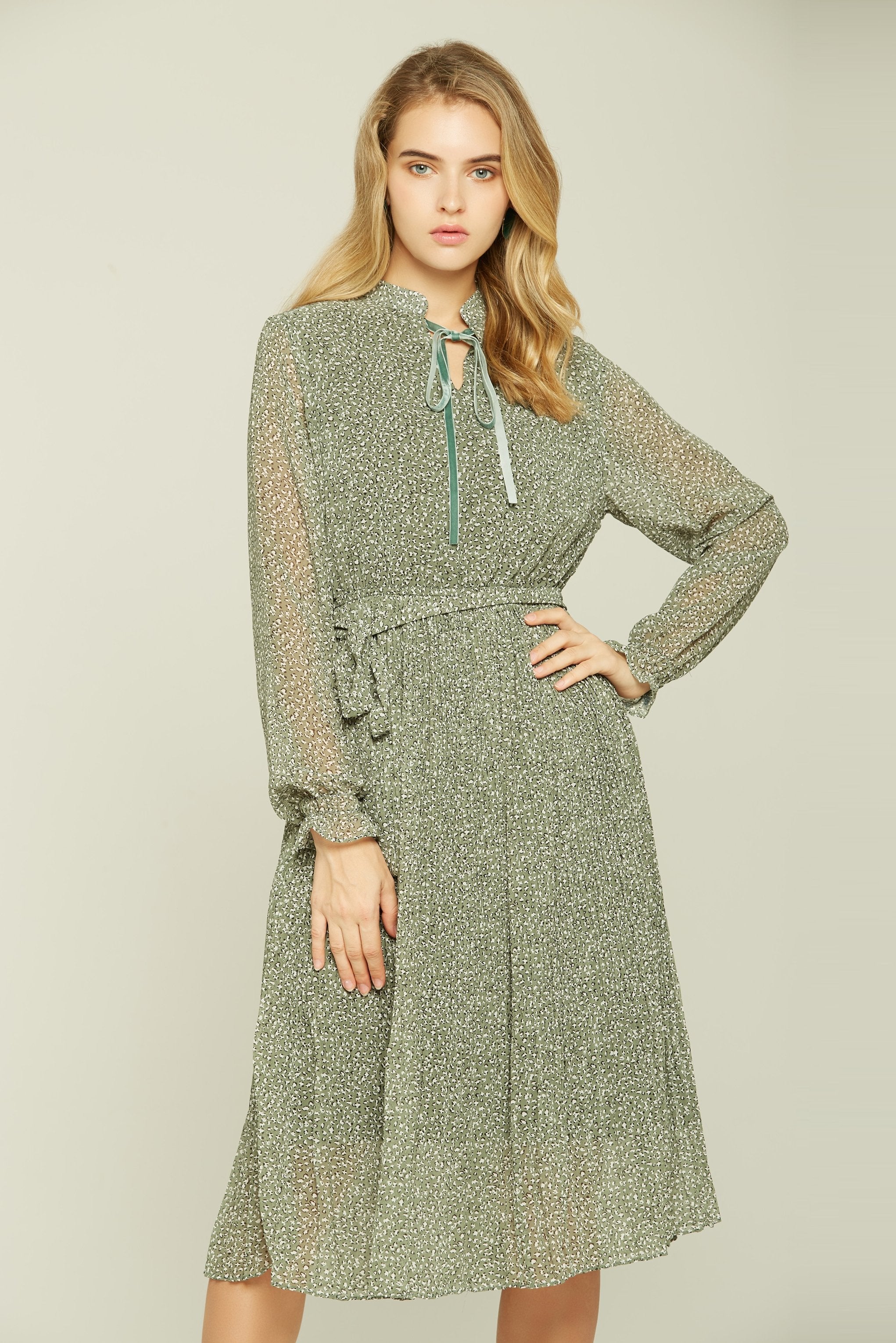 Olive Green Spotted Full Sleeves Midi Dress - ownthelooks-Development