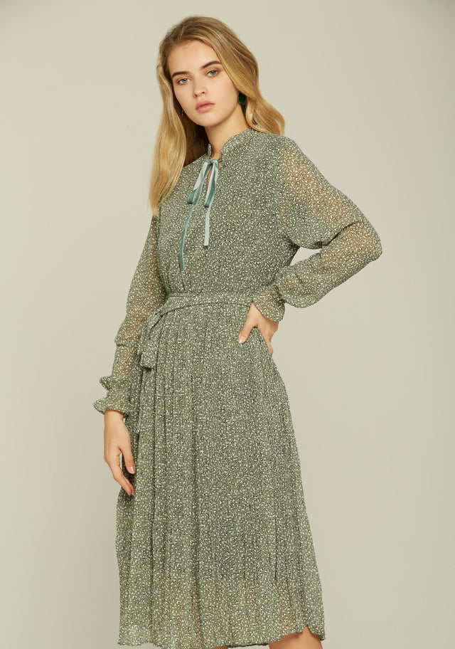 Olive Green Spotted Full Sleeves Midi Dress - ownthelooks-Development