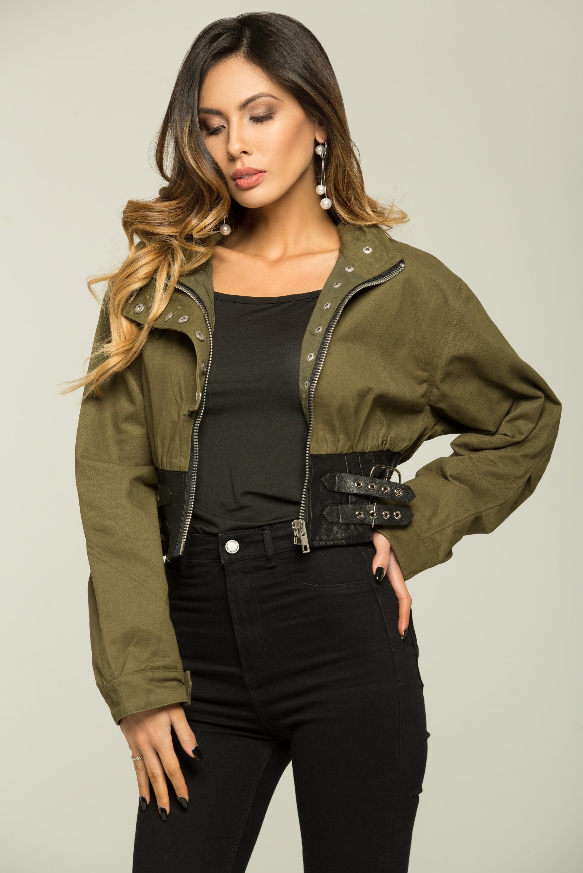 Olive Green and Black Full Sleeves Zip Up Jacket - ownthelooks-Development