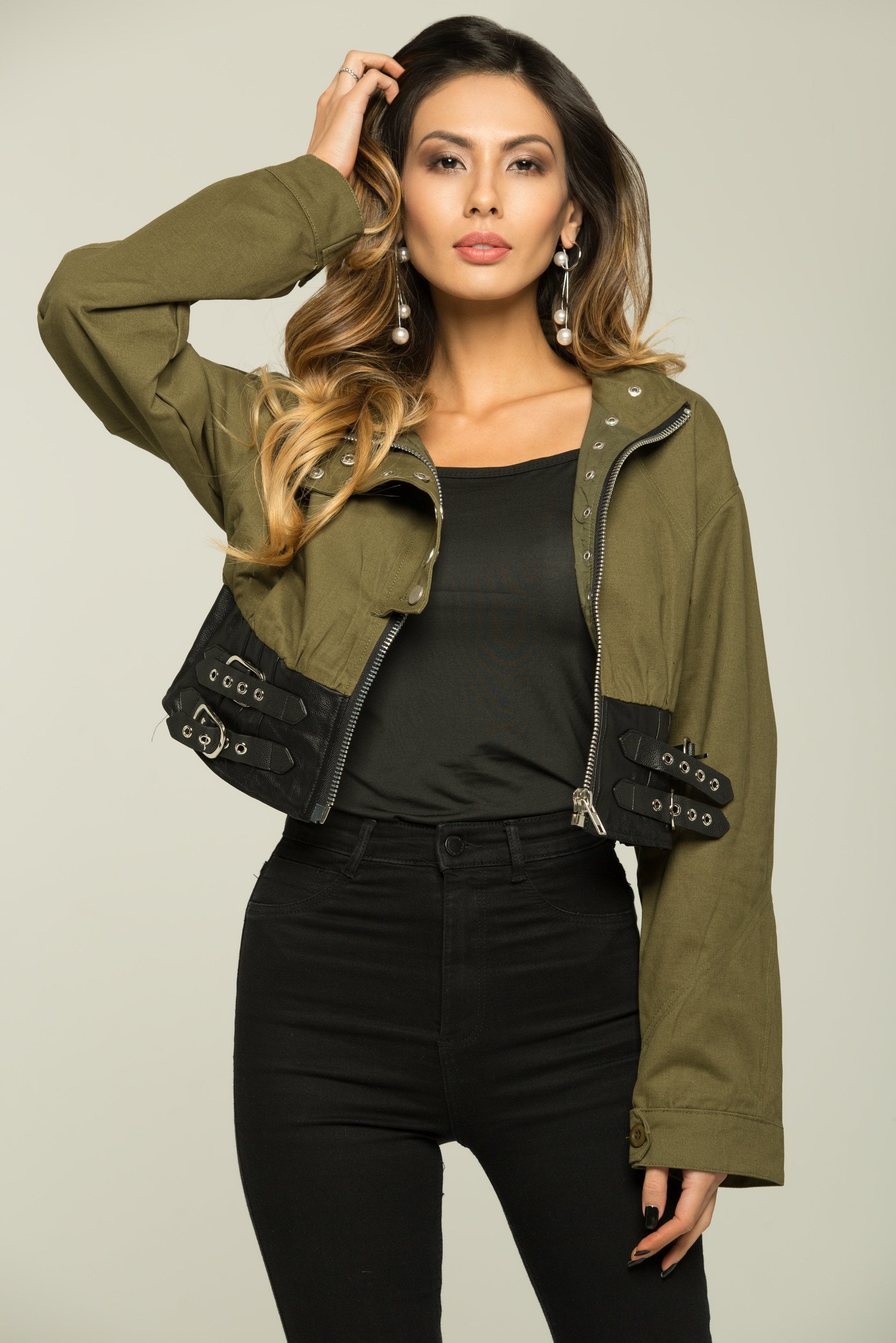 Olive Green and Black Full Sleeves Zip Up Jacket - ownthelooks-Development