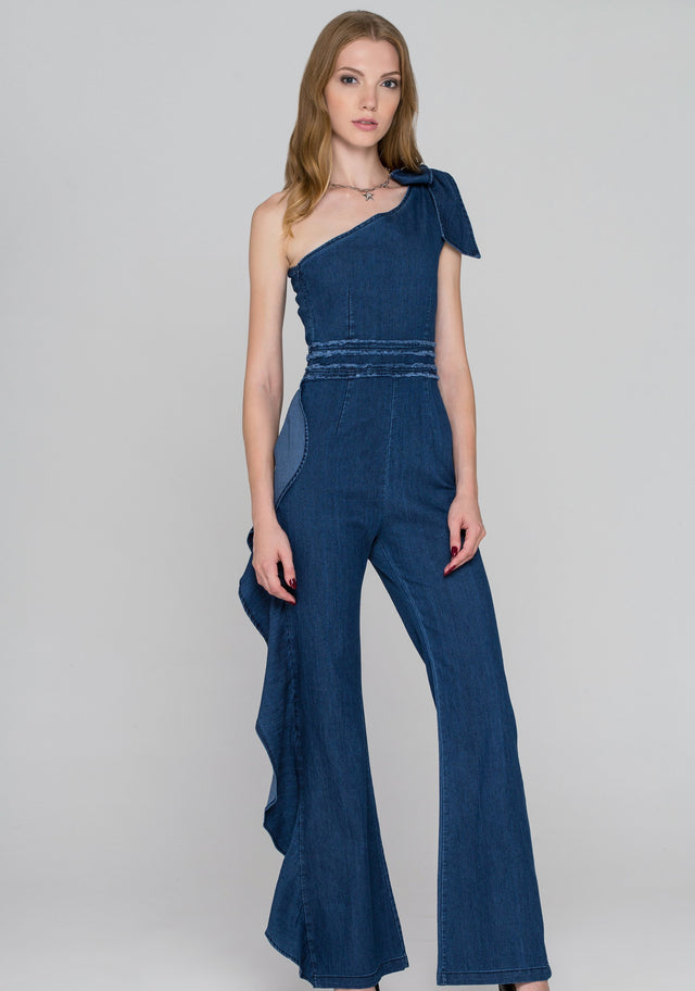 Rania Fawaz - One Shoulder Ruffled Leg Denim Jumpsuit - ownthelooks-Development