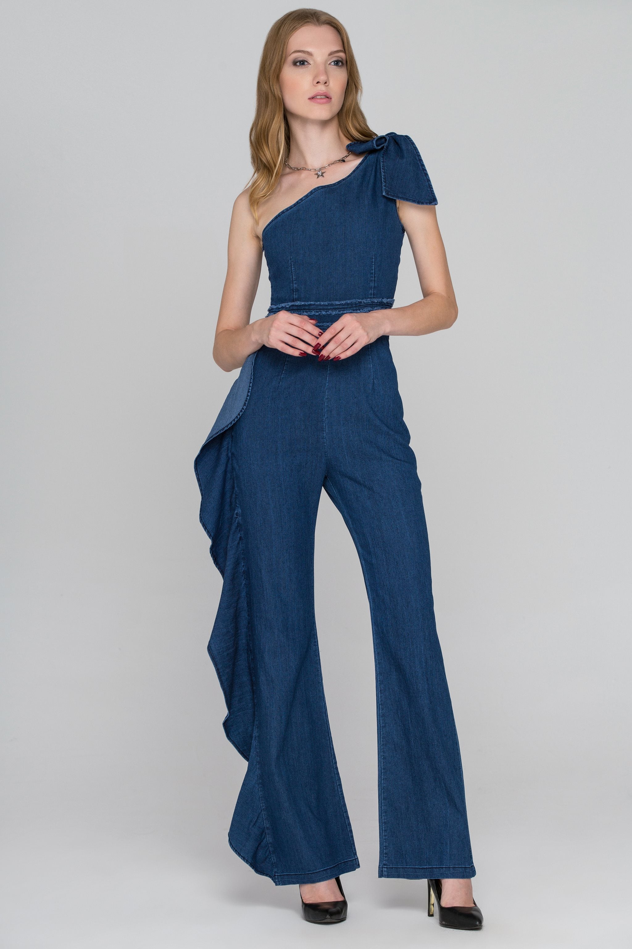 Rania Fawaz - One Shoulder Ruffled Leg Denim Jumpsuit - ownthelooks-Development