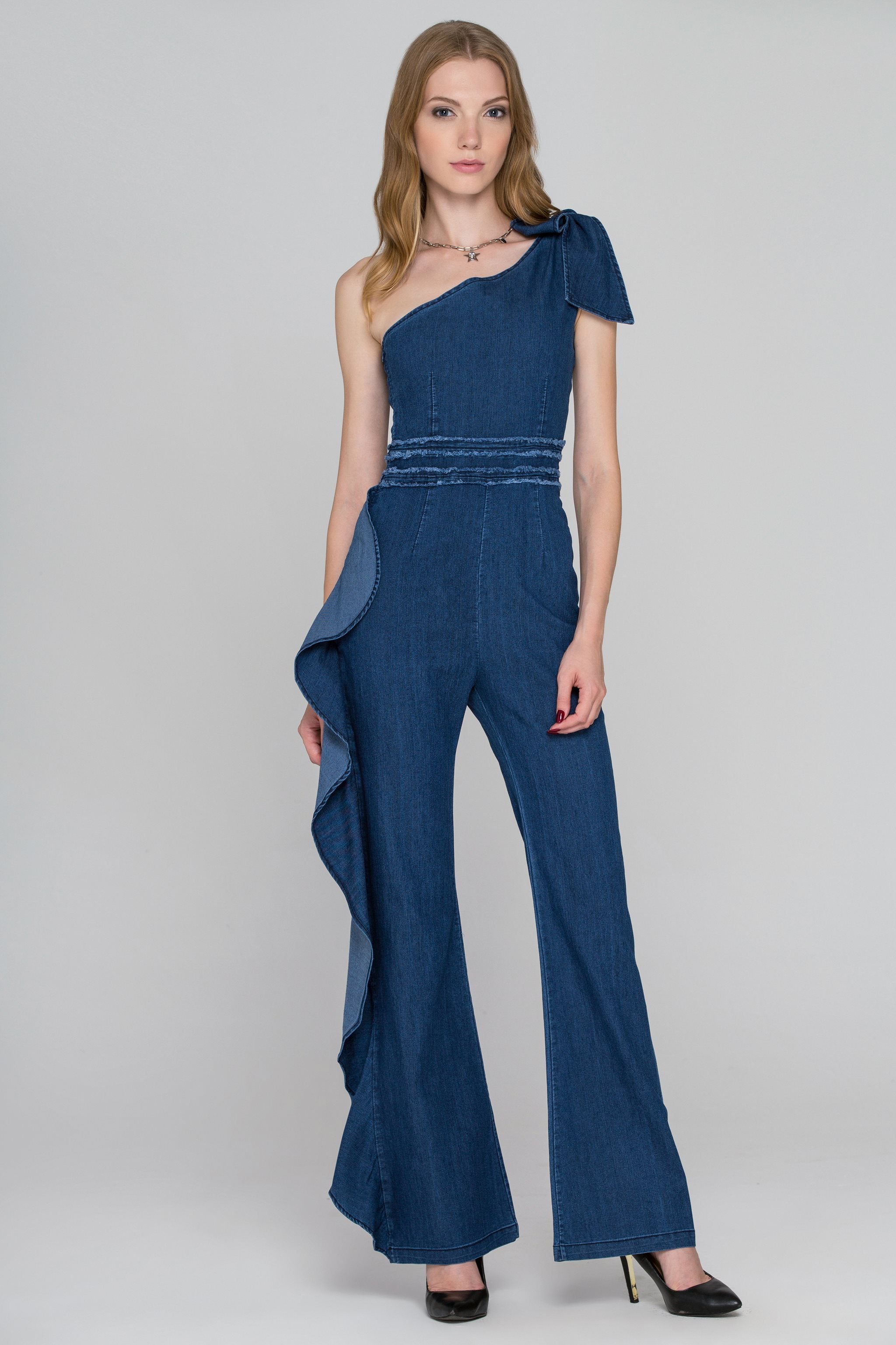 Rania Fawaz - One Shoulder Ruffled Leg Denim Jumpsuit - ownthelooks-Development