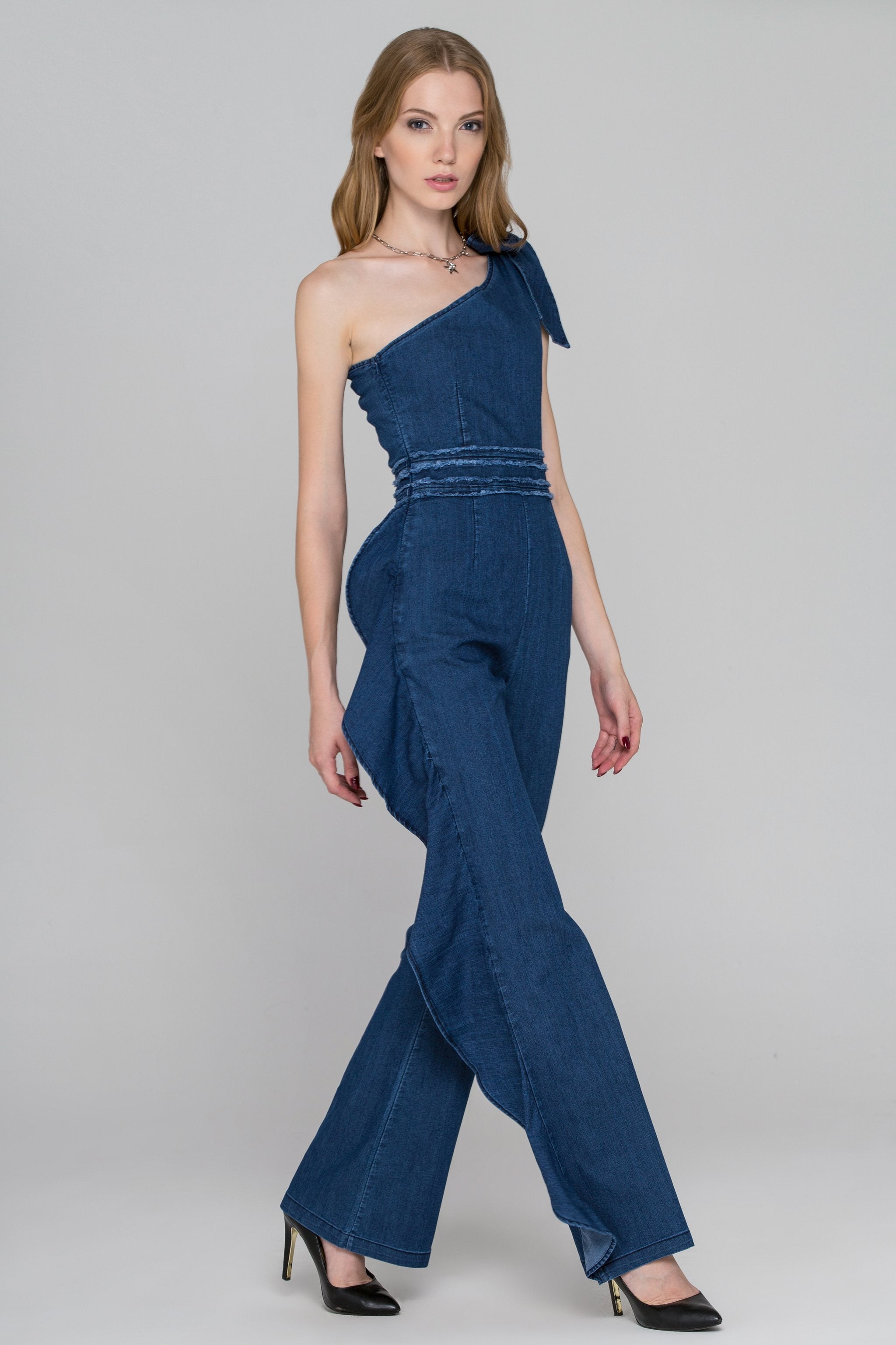 Rania Fawaz - One Shoulder Ruffled Leg Denim Jumpsuit - ownthelooks-Development