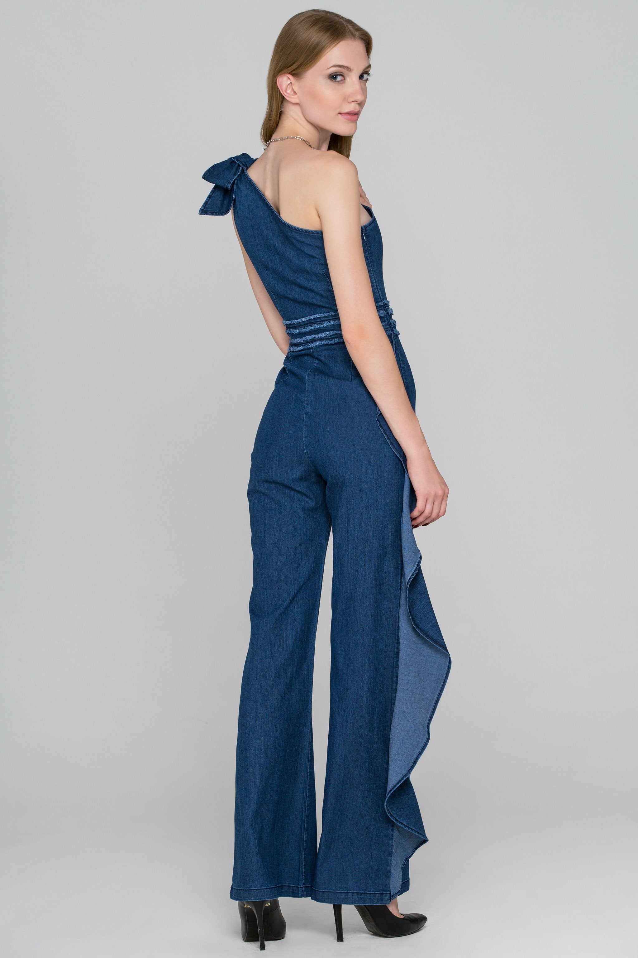 Rania Fawaz - One Shoulder Ruffled Leg Denim Jumpsuit - ownthelooks-Development