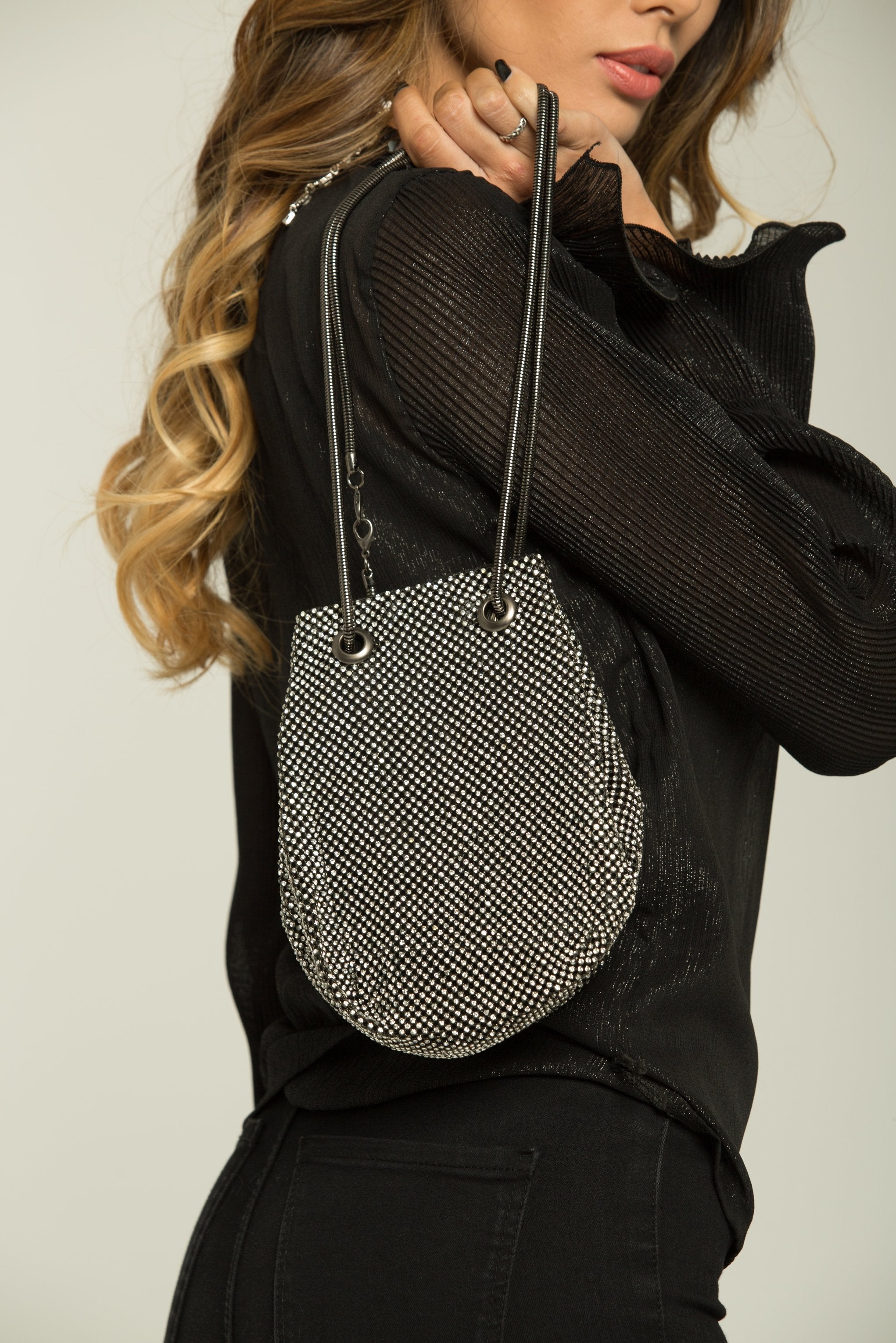Black Encrusted Mini Hobo Bag - ownthelooks-Development