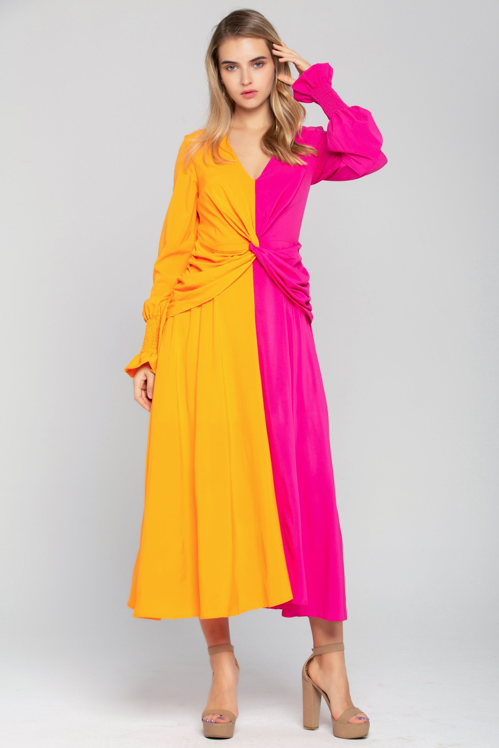 Orange and Pink Cinched Maxi Dress - ownthelooks-Development