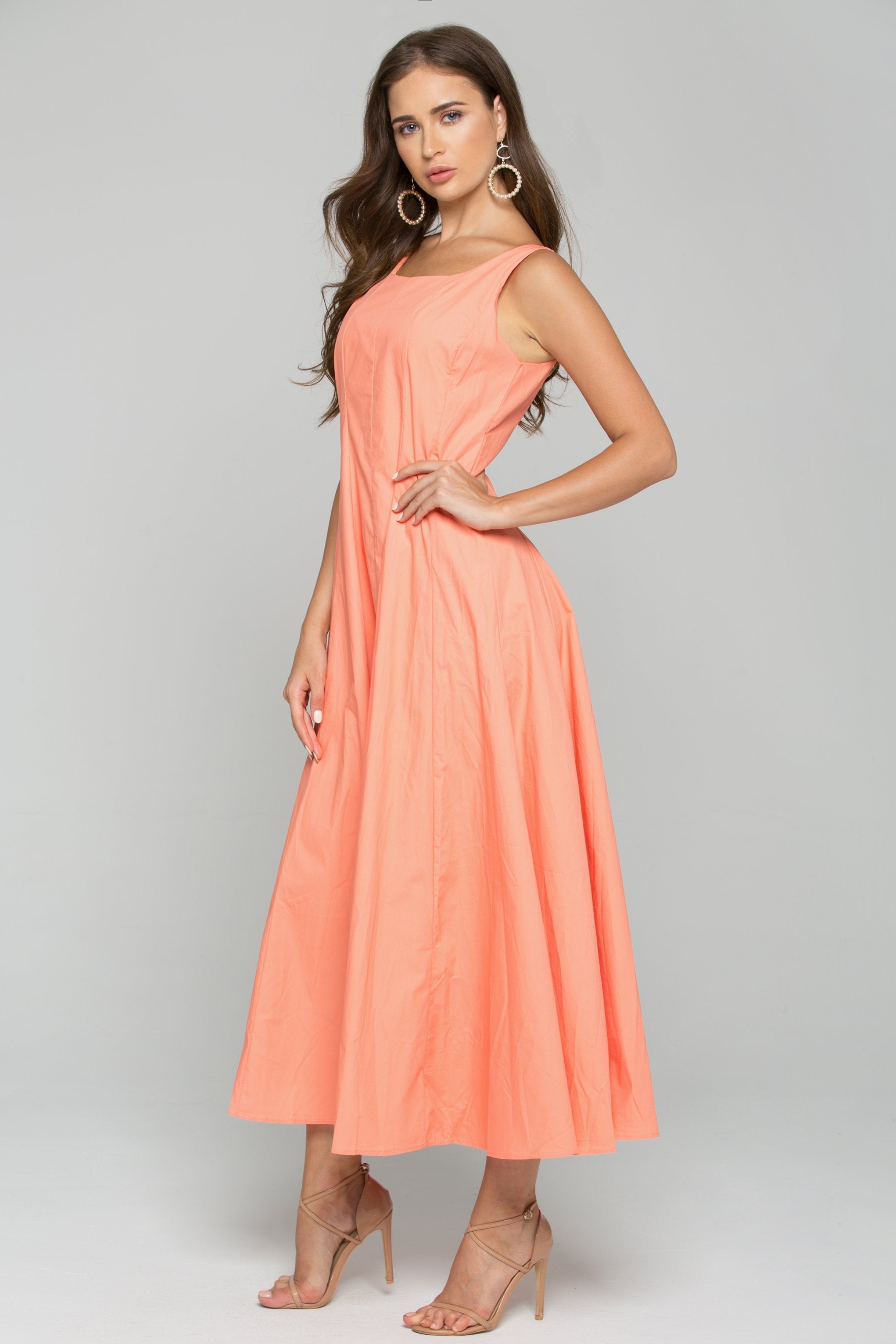 Peach Cotton Square Neckline A-Line Maxi Dress - ownthelooks-Development
