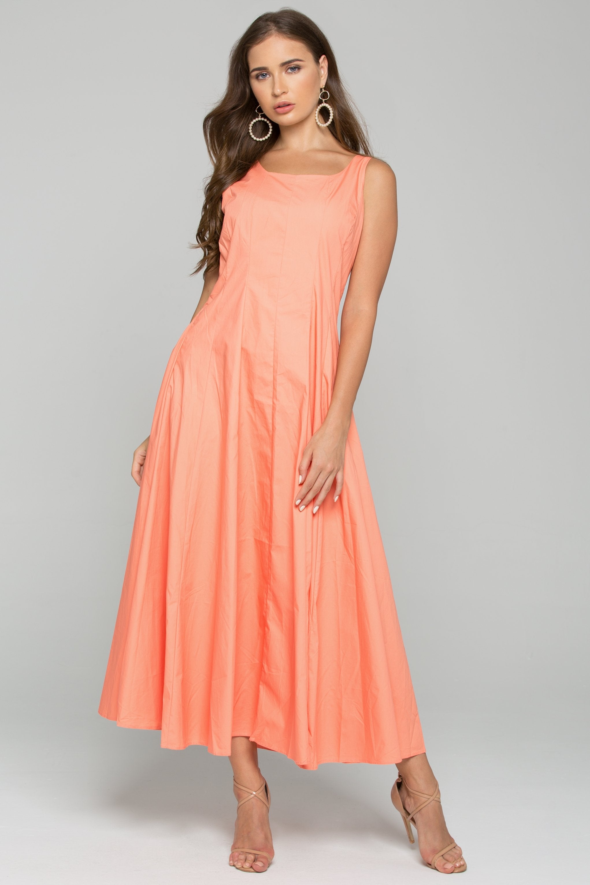 Peach Cotton Square Neckline A-Line Maxi Dress - ownthelooks-Development
