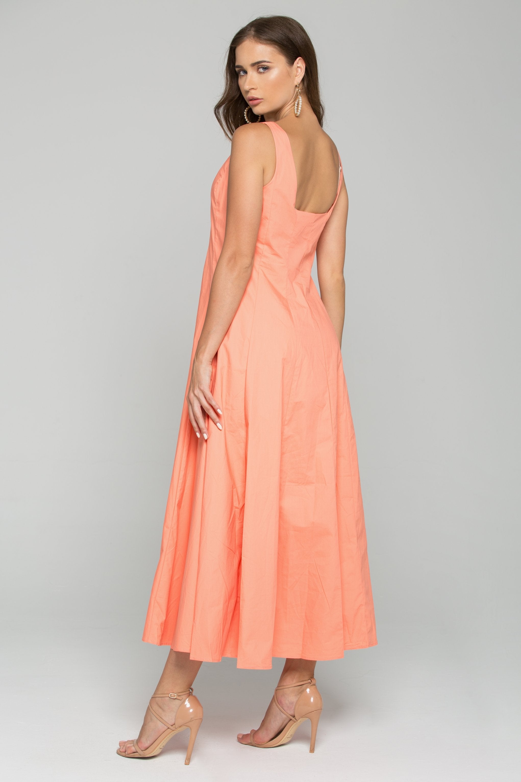 Peach Cotton Square Neckline A-Line Maxi Dress - ownthelooks-Development