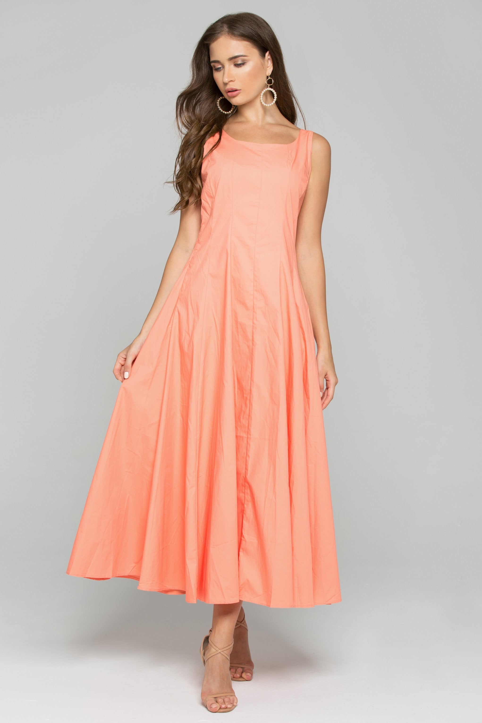 Peach Cotton Square Neckline A-Line Maxi Dress - ownthelooks-Development