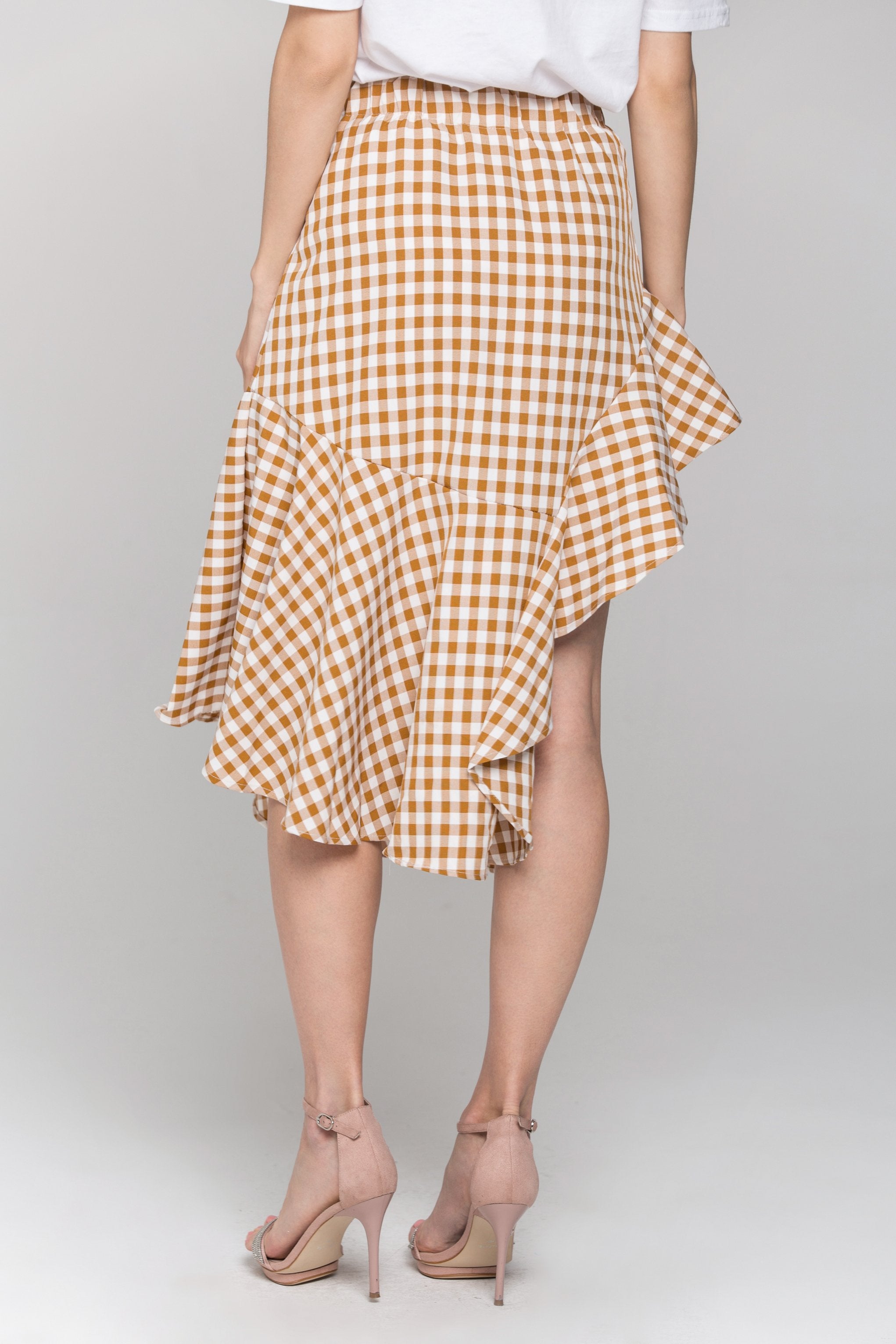 Peach Gingham Ruffle Hem Midi Skirt - ownthelooks-Development