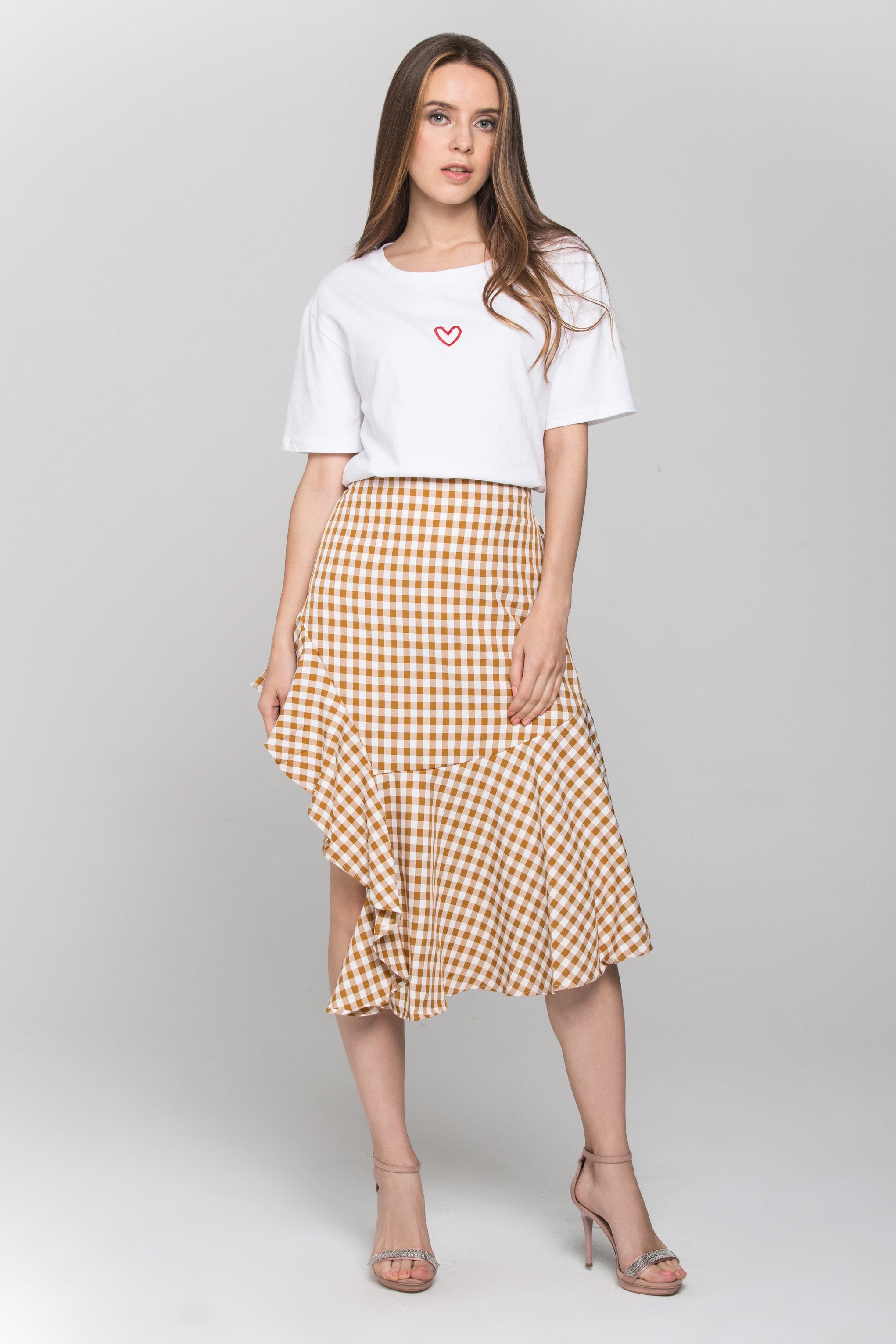 Peach Gingham Ruffle Hem Midi Skirt - ownthelooks-Development