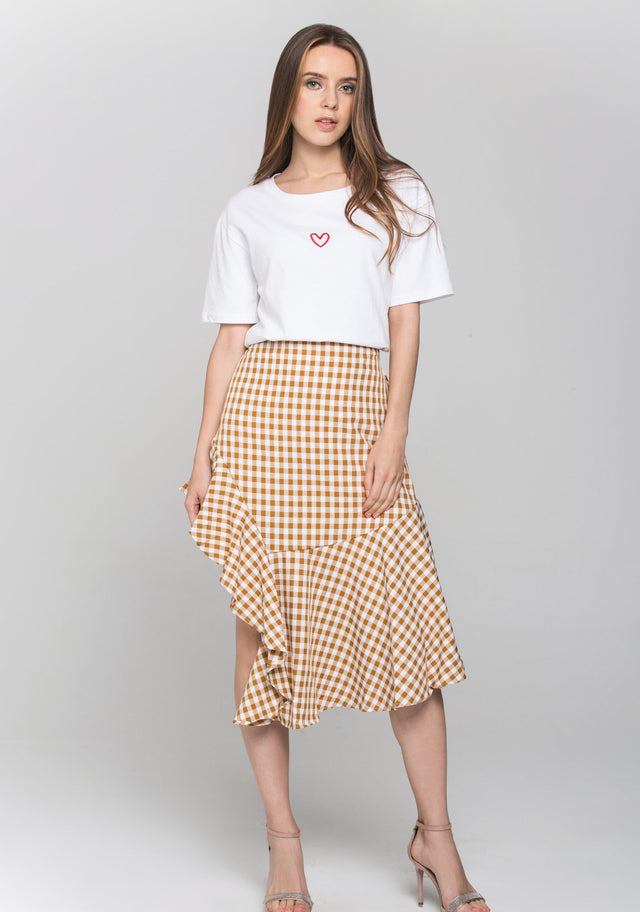 Peach Gingham Ruffle Hem Midi Skirt - ownthelooks-Development