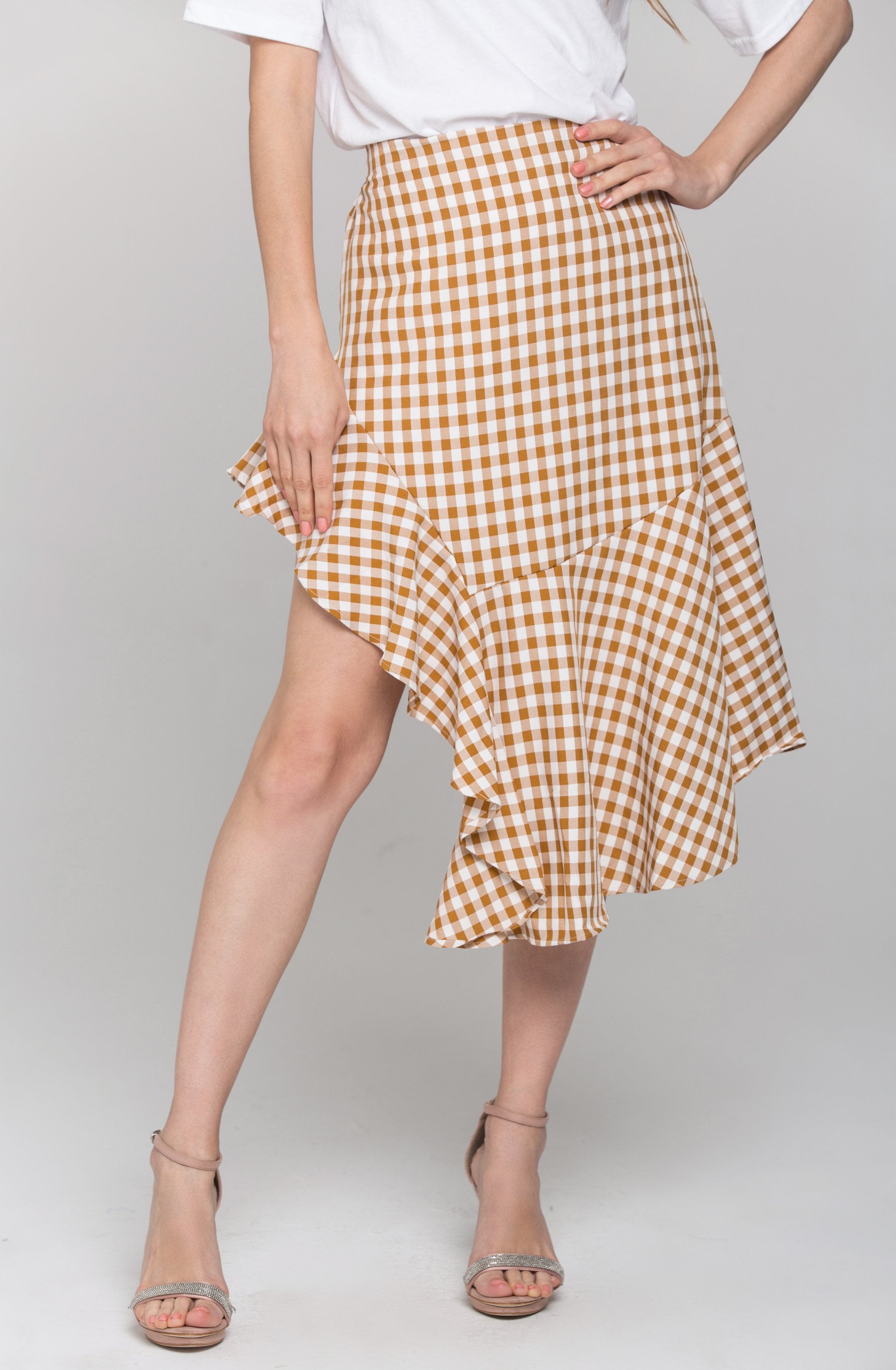 Peach Gingham Ruffle Hem Midi Skirt - ownthelooks-Development