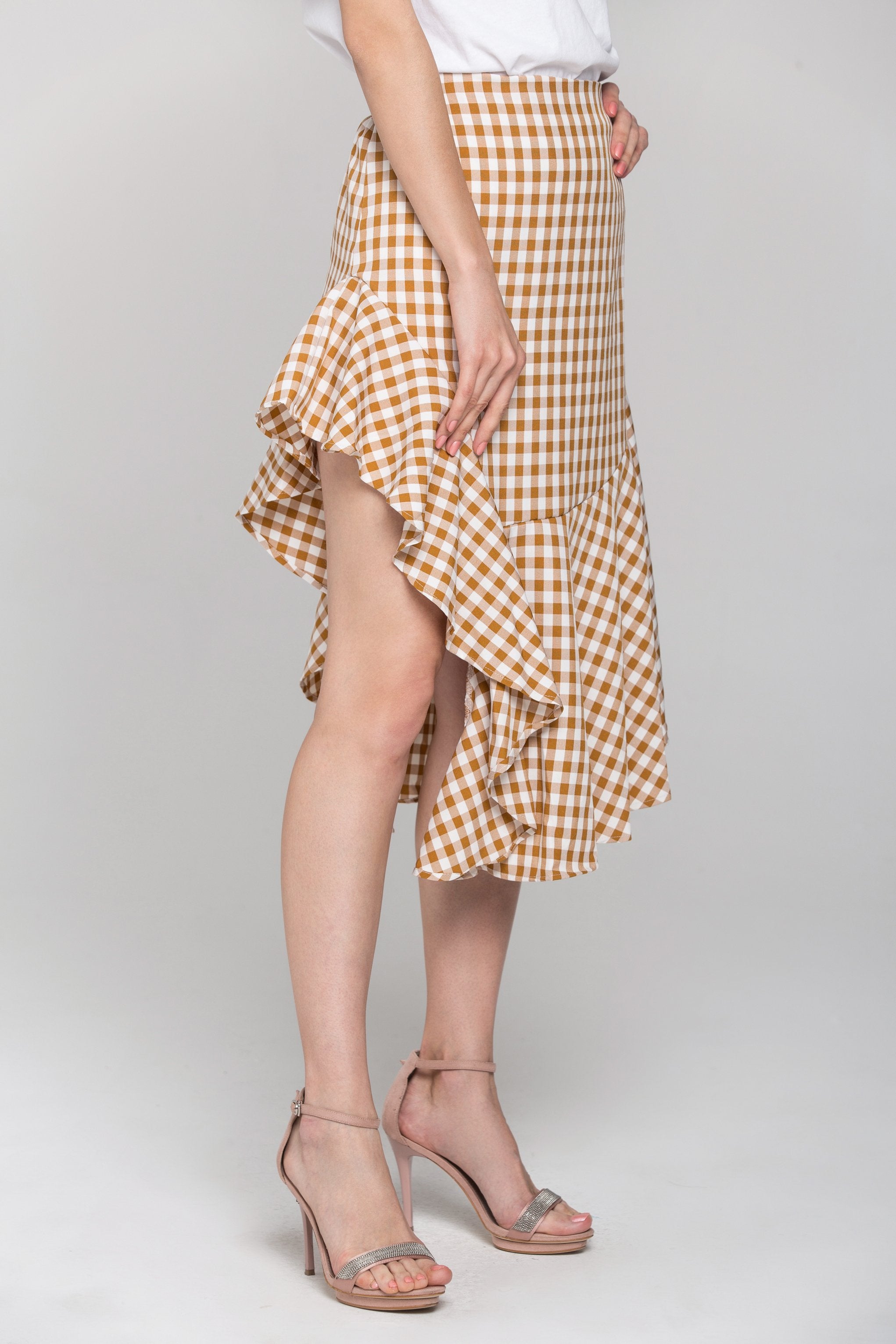 Peach Gingham Ruffle Hem Midi Skirt - ownthelooks-Development