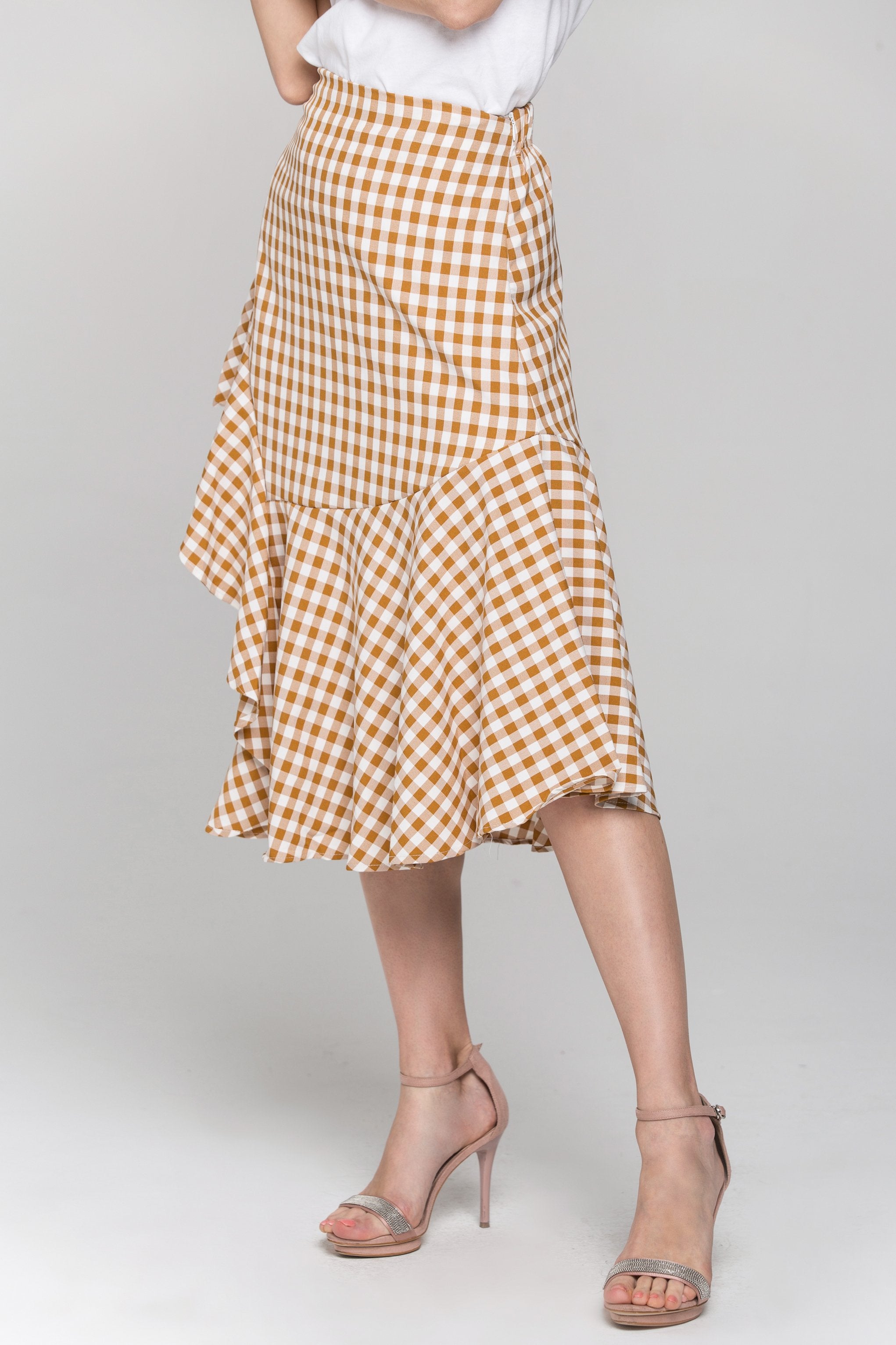 Peach Gingham Ruffle Hem Midi Skirt - ownthelooks-Development