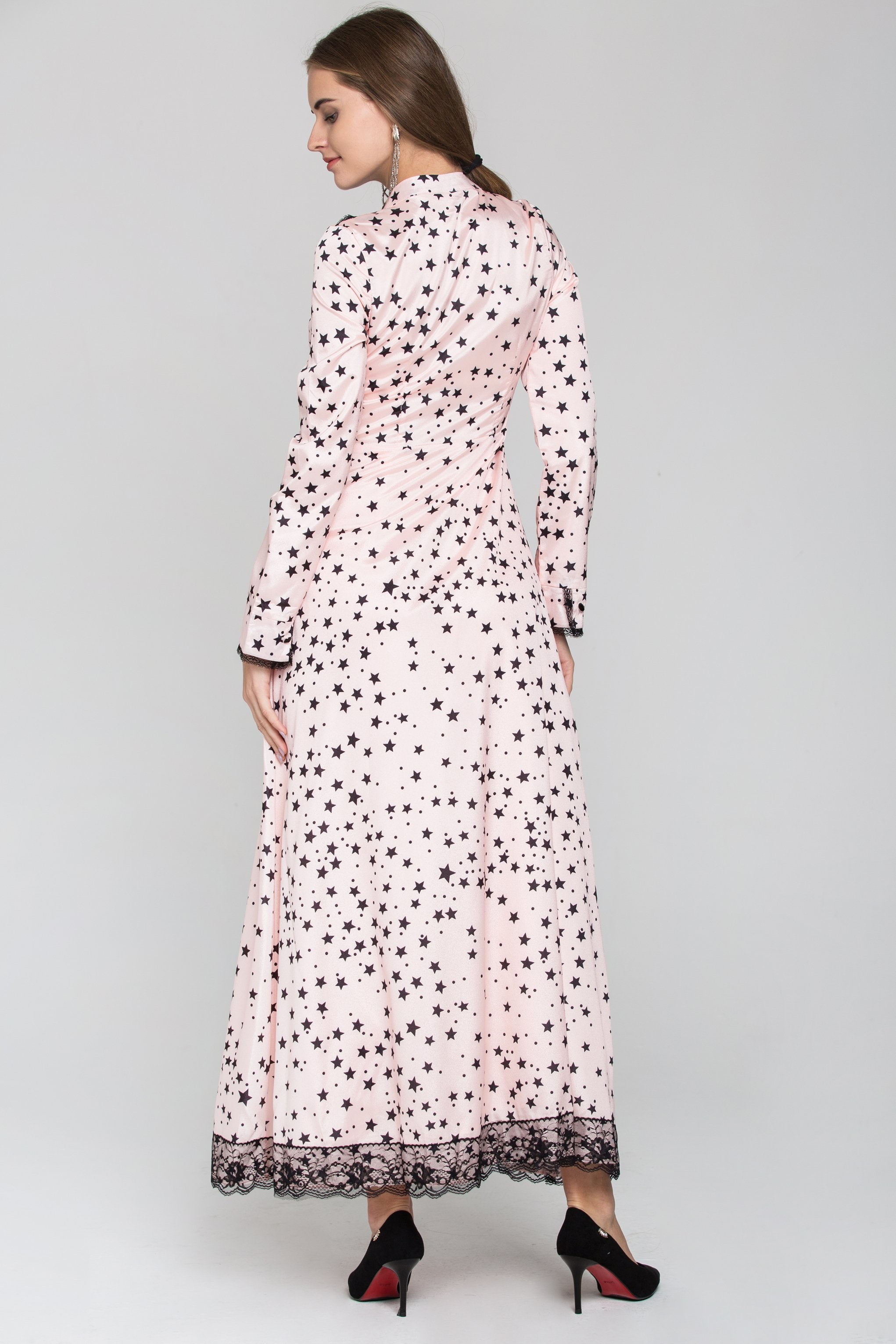 Peach Silk and Black Star Sleeved Midi Dress - ownthelooks-Development