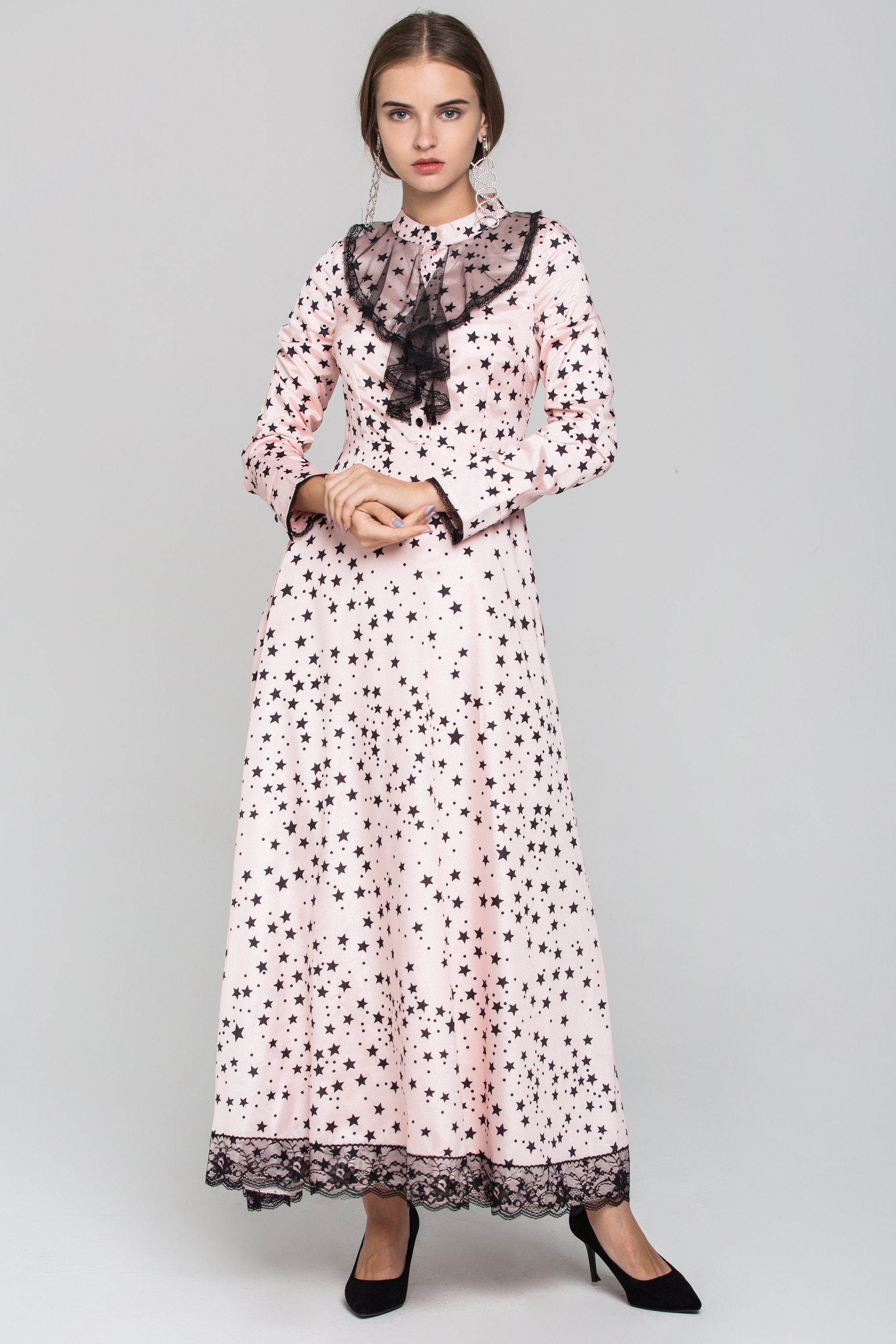 Peach Silk and Black Star Sleeved Midi Dress - ownthelooks-Development