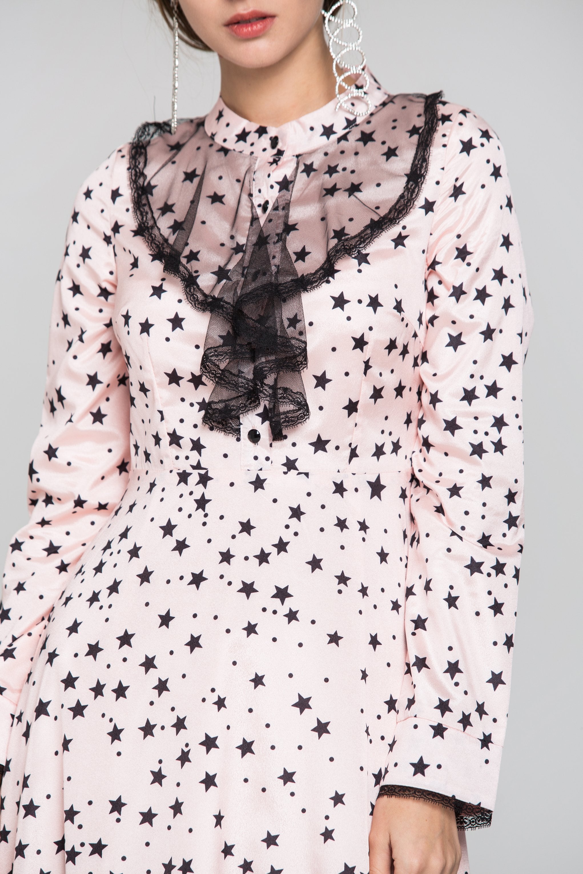 Peach Silk and Black Star Sleeved Midi Dress - ownthelooks-Development