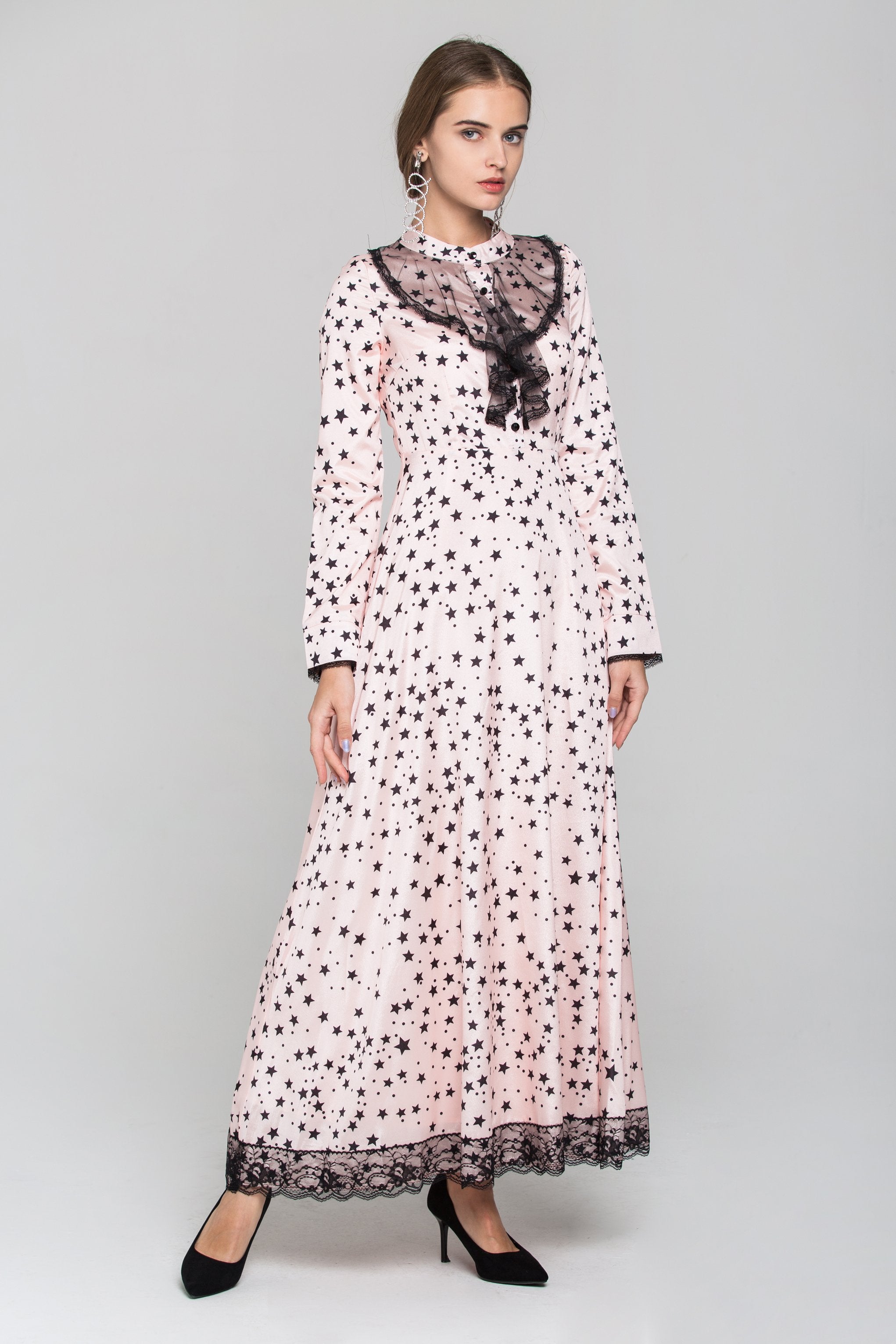 Peach Silk and Black Star Sleeved Midi Dress - ownthelooks-Development