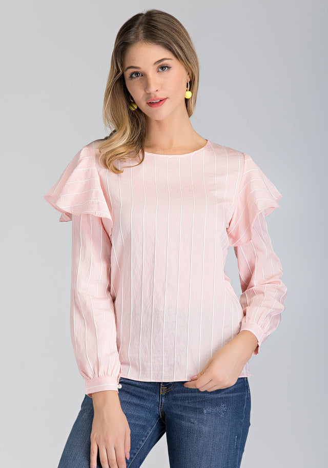 Peach Stripe Ruffle Shoulder Long Sleeve Top - ownthelooks-Development