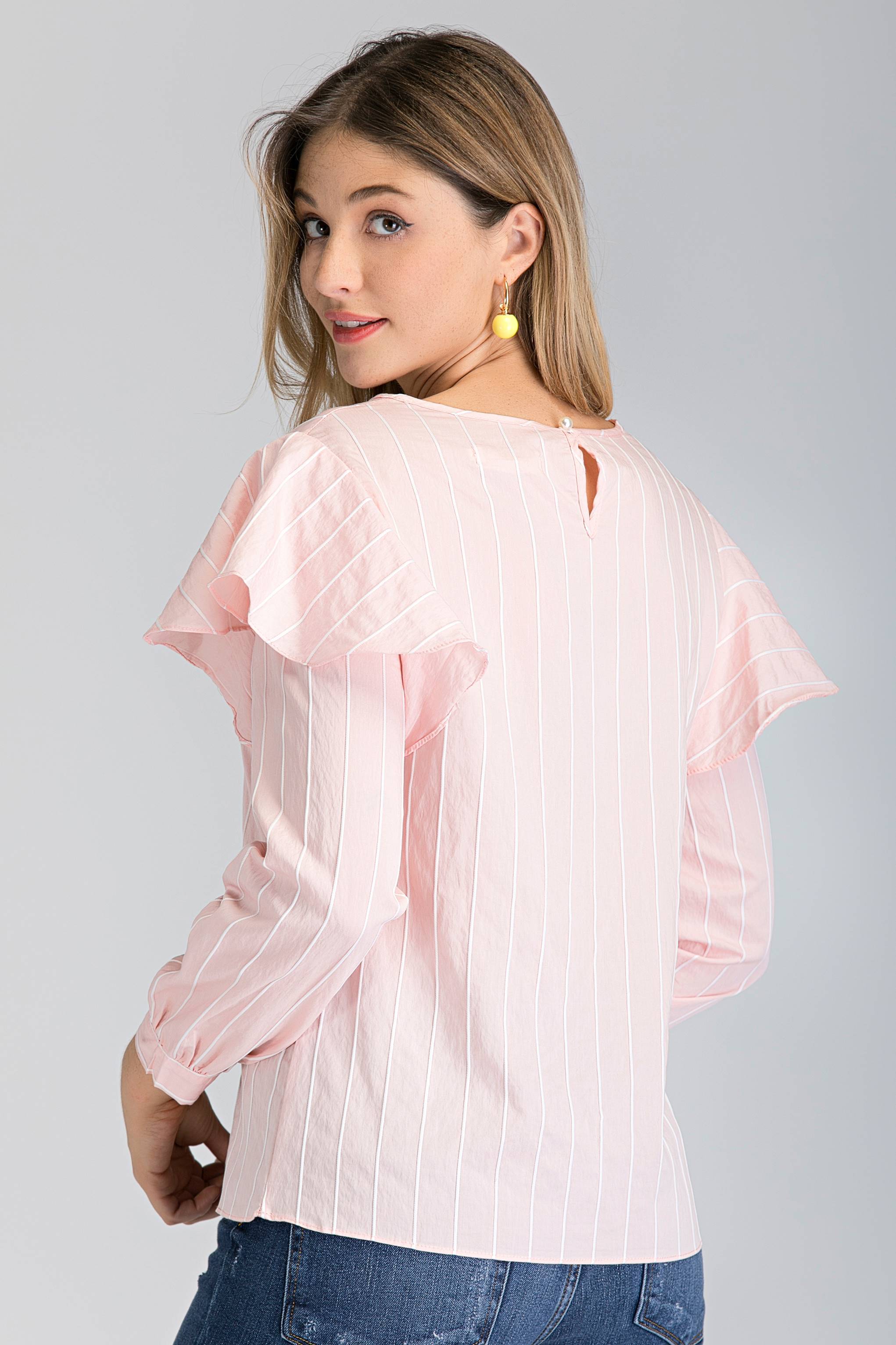 Peach Stripe Ruffle Shoulder Long Sleeve Top - ownthelooks-Development