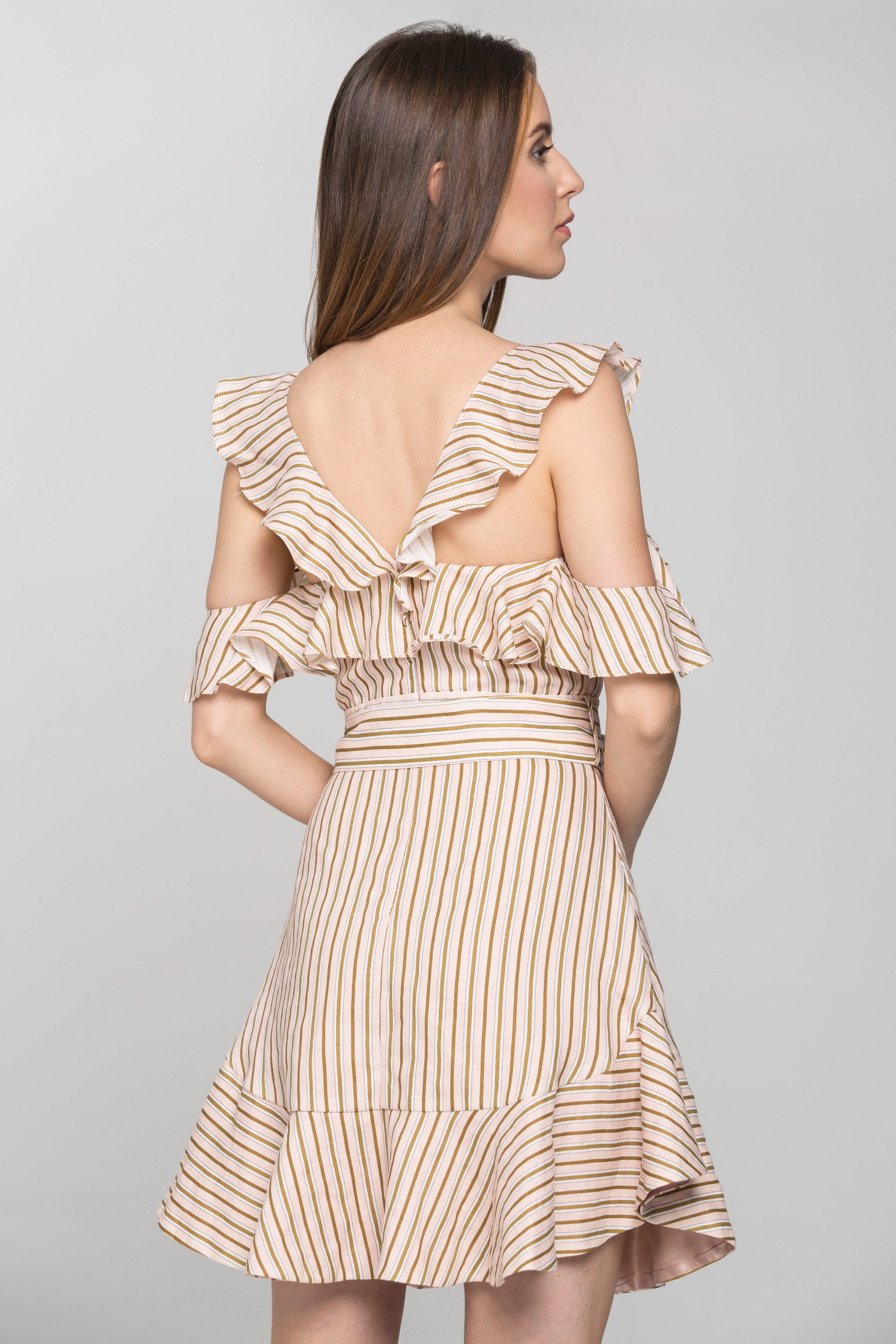 Peach and Brown Stripe Halter Ruffle Midi Dress - ownthelooks-Development
