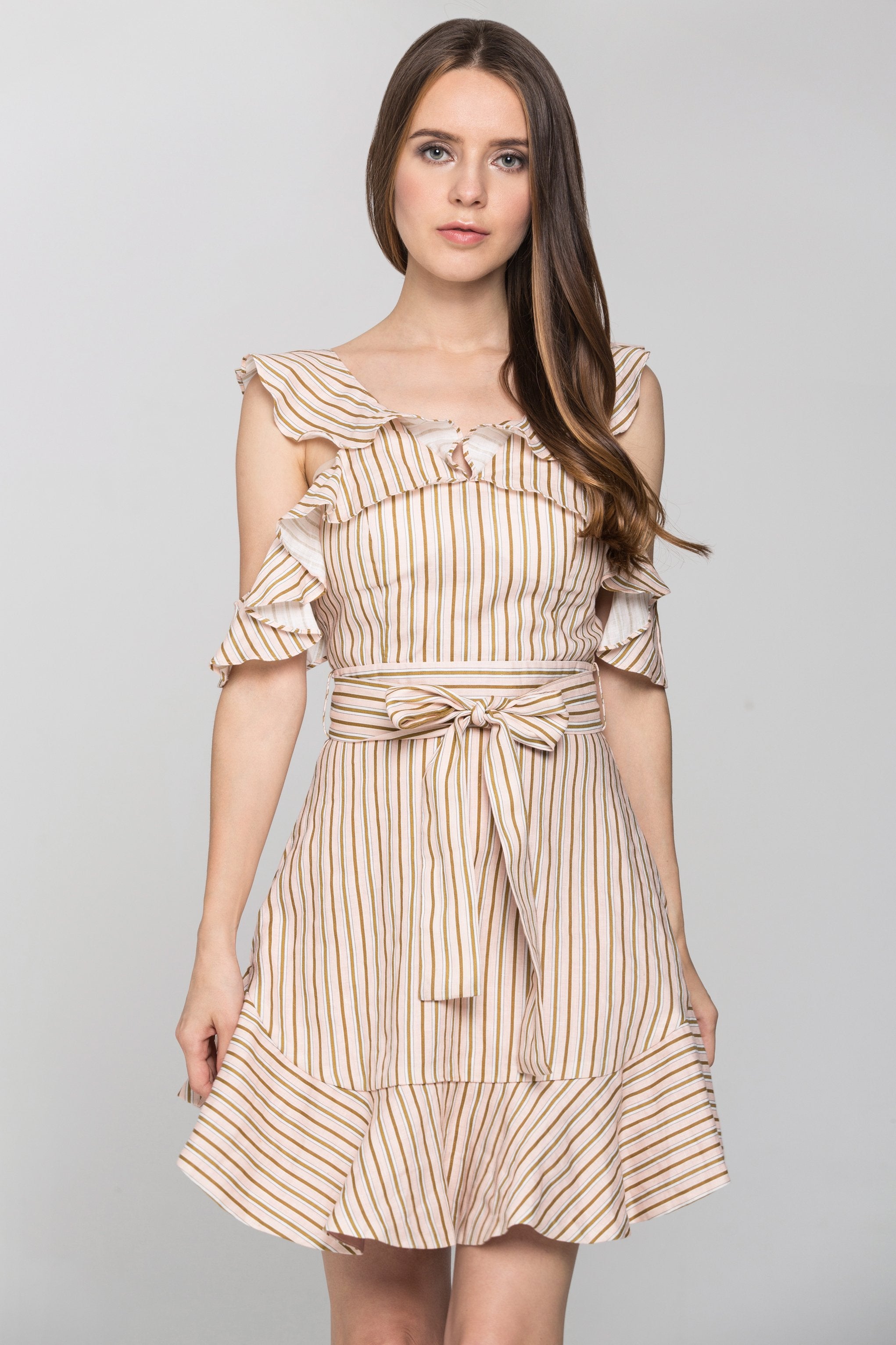 Peach and Brown Stripe Halter Ruffle Midi Dress - ownthelooks-Development