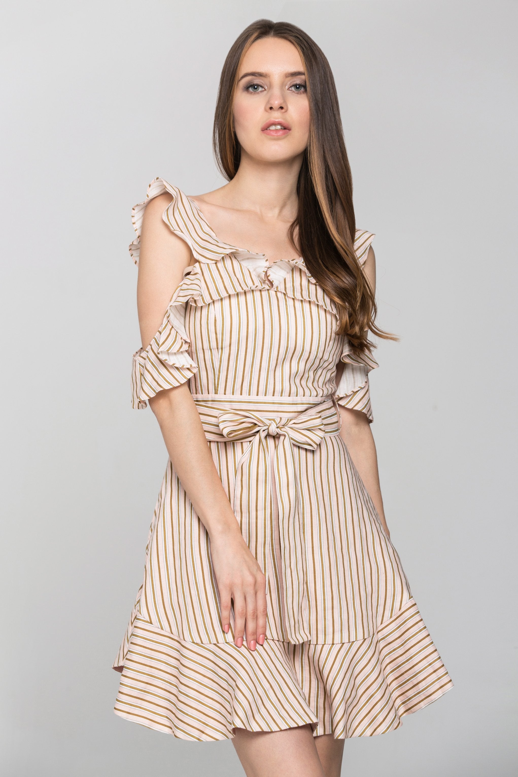 Peach and Brown Stripe Halter Ruffle Midi Dress - ownthelooks-Development
