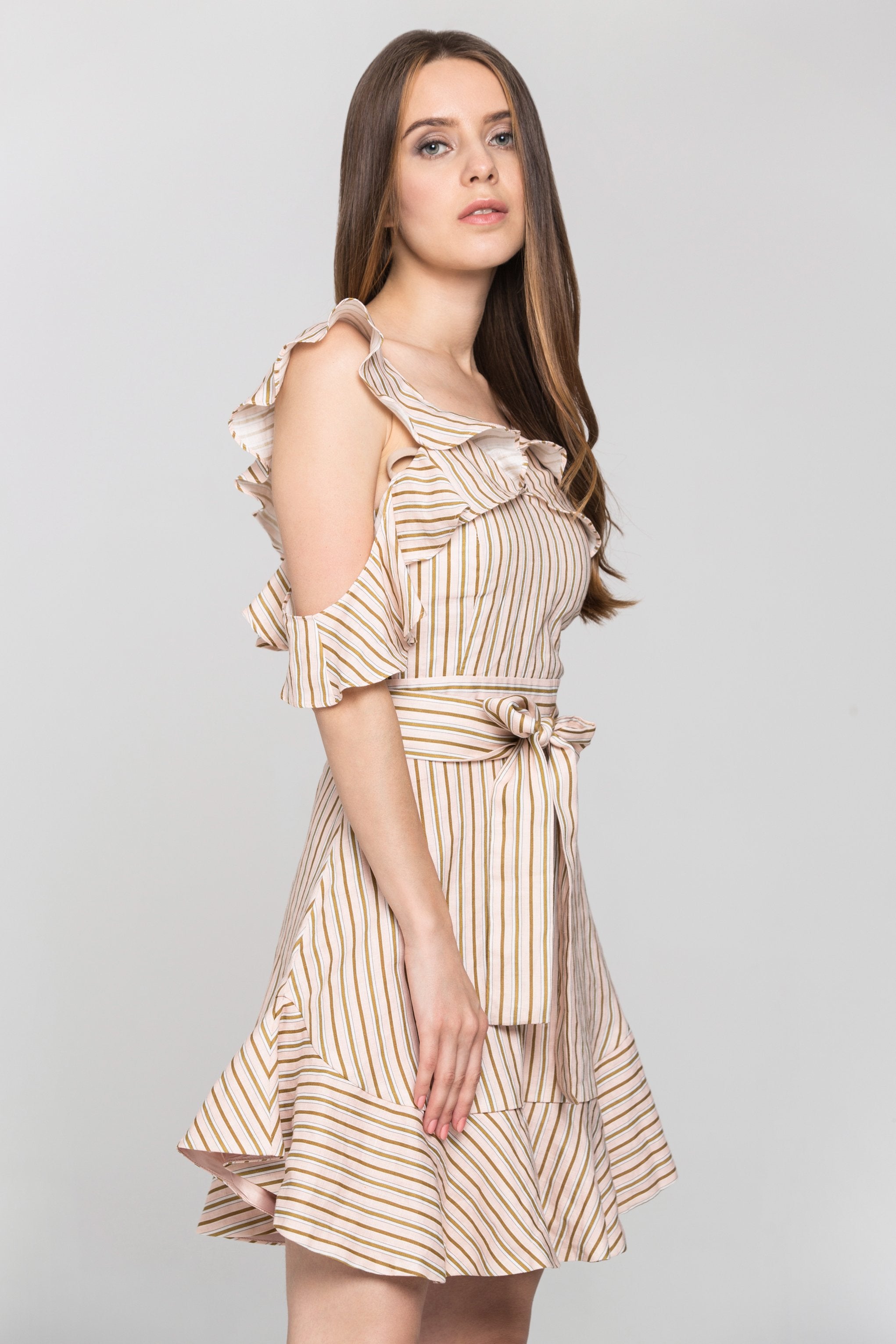 Peach and Brown Stripe Halter Ruffle Midi Dress - ownthelooks-Development