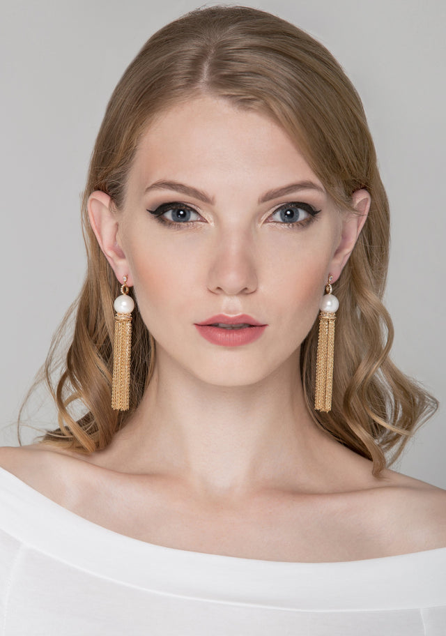Pearl Crown Chain Tassel Earrings - ownthelooks-Development