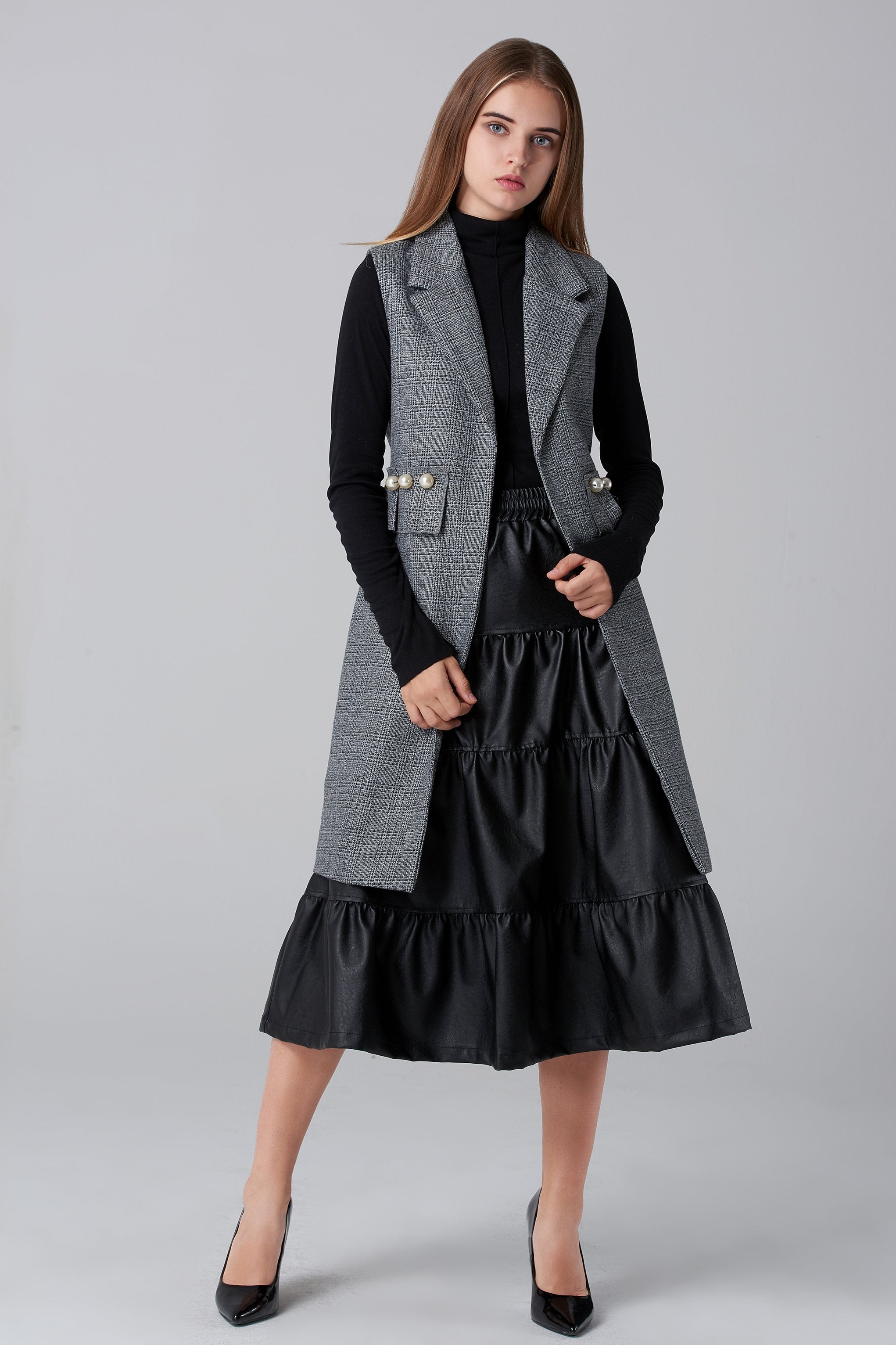 Pearl Detail Check Long Vest - ownthelooks-Development