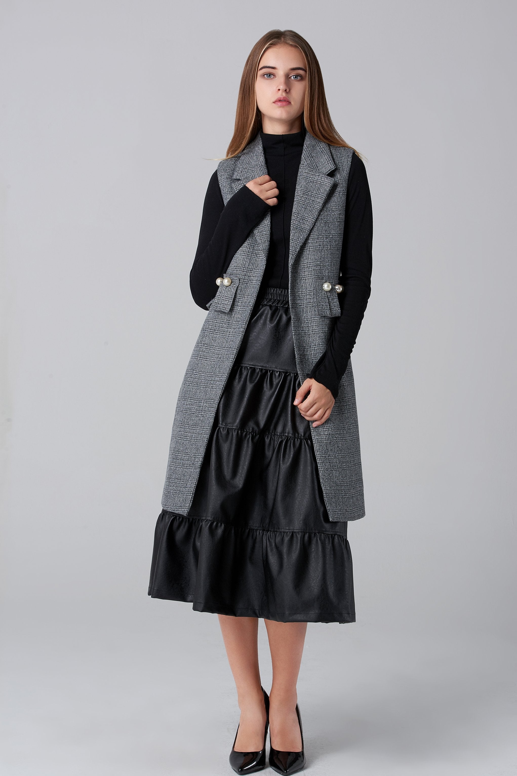 Pearl Detail Check Long Vest - ownthelooks-Development