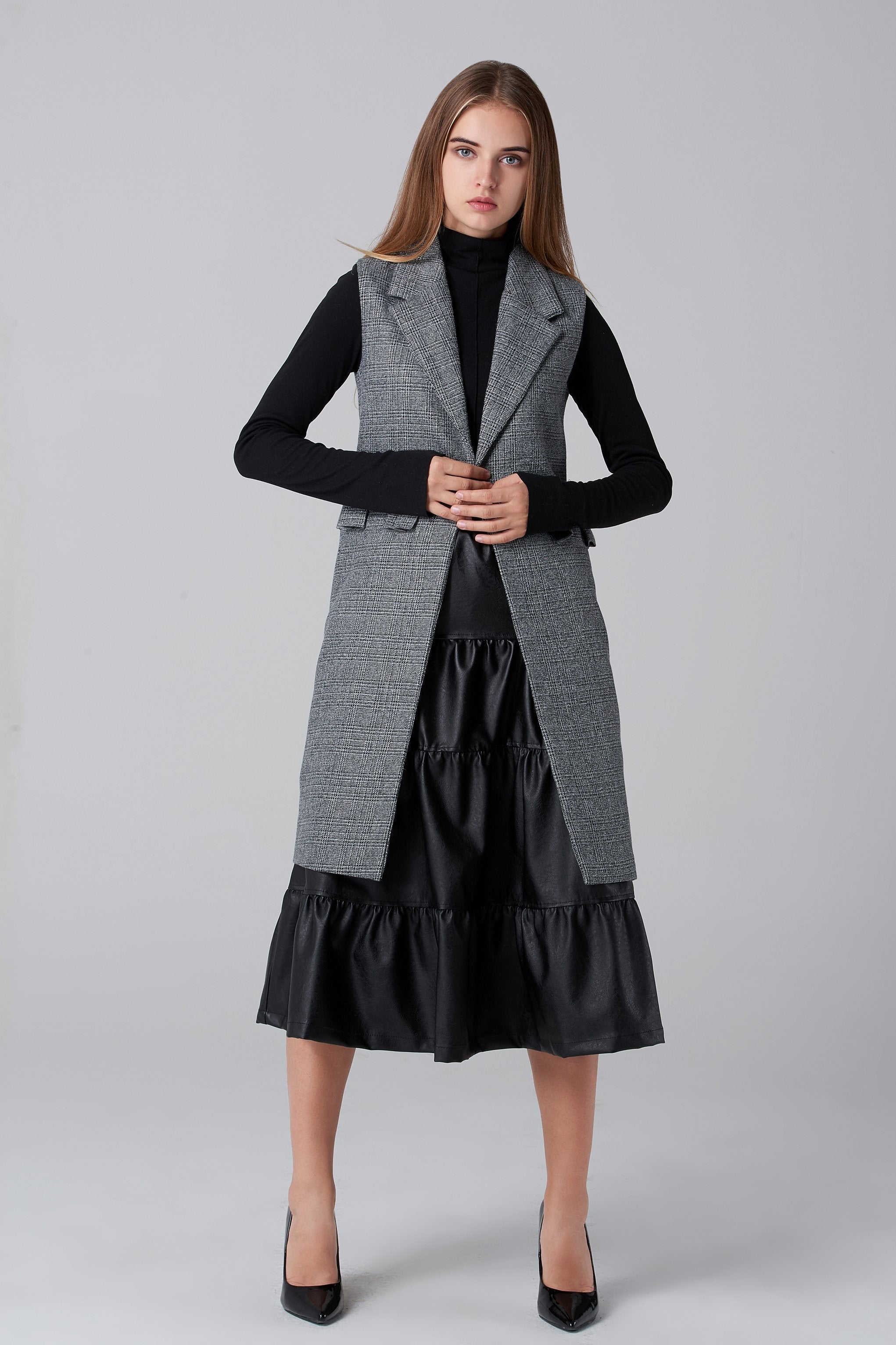 Pearl Detail Check Long Vest - ownthelooks-Development