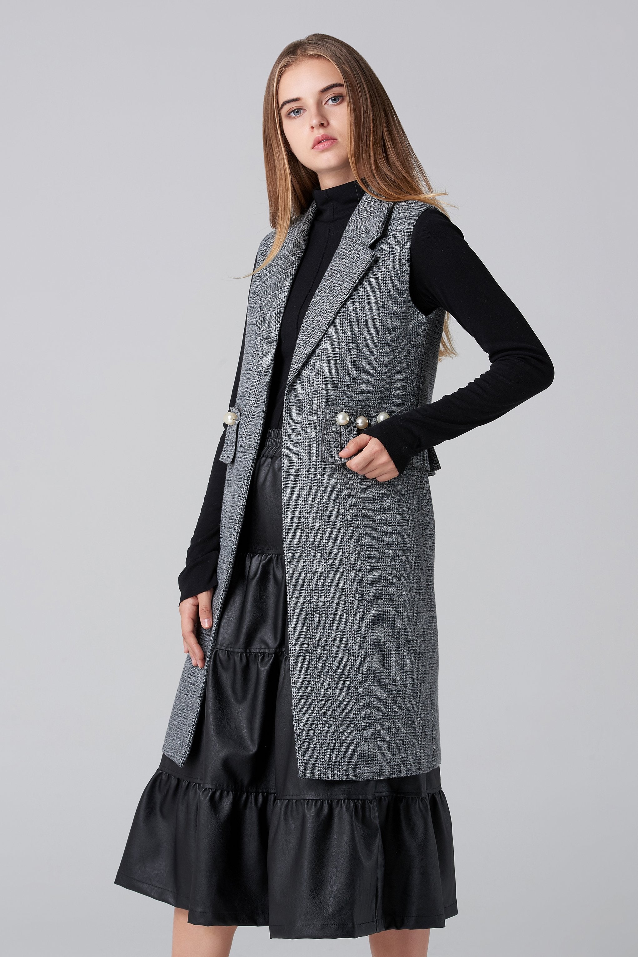 Pearl Detail Check Long Vest - ownthelooks-Development