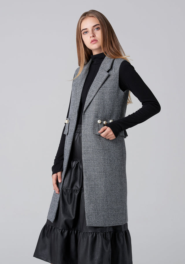 Pearl Detail Check Long Vest - ownthelooks-Development