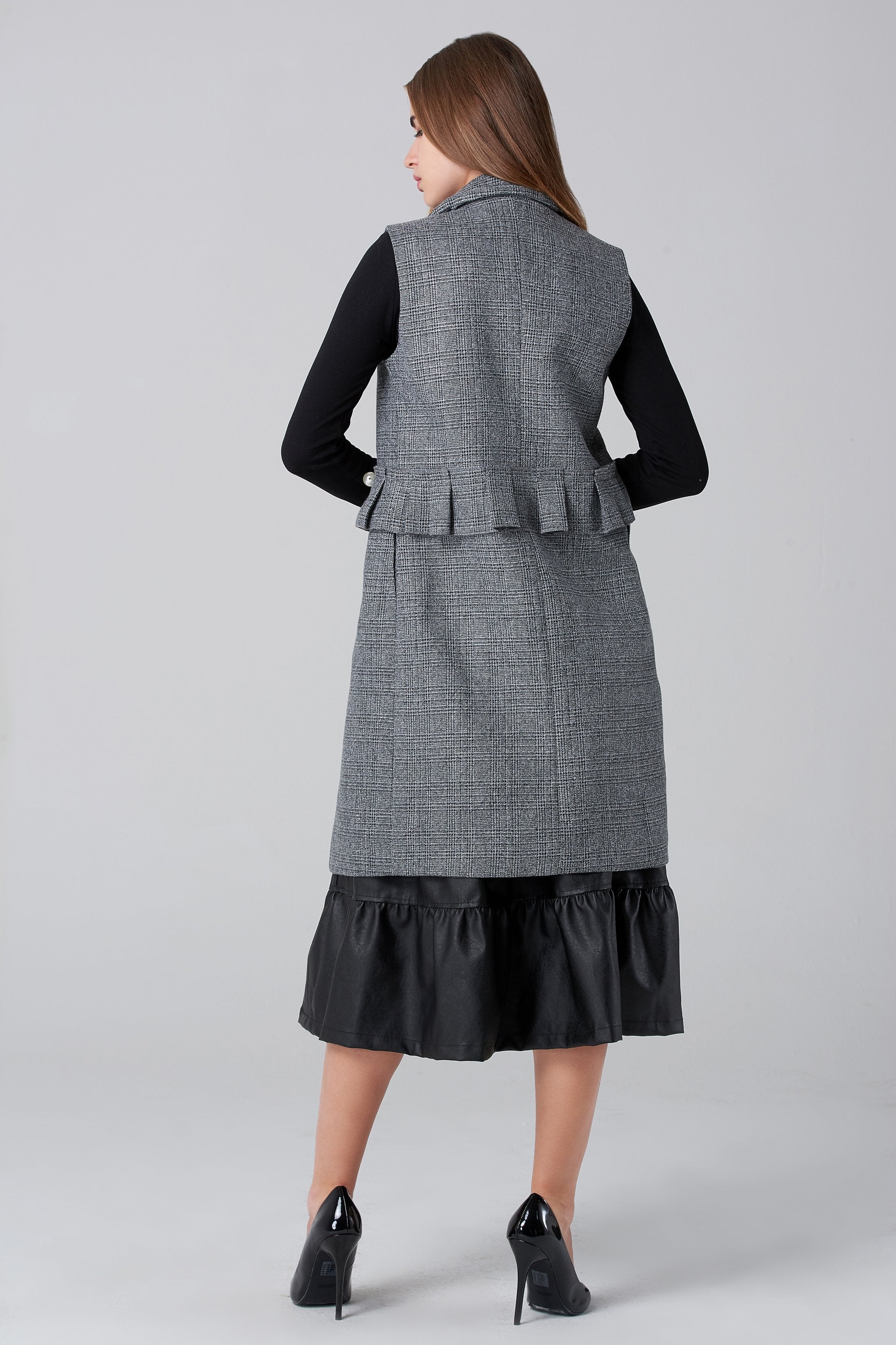 Pearl Detail Check Long Vest - ownthelooks-Development