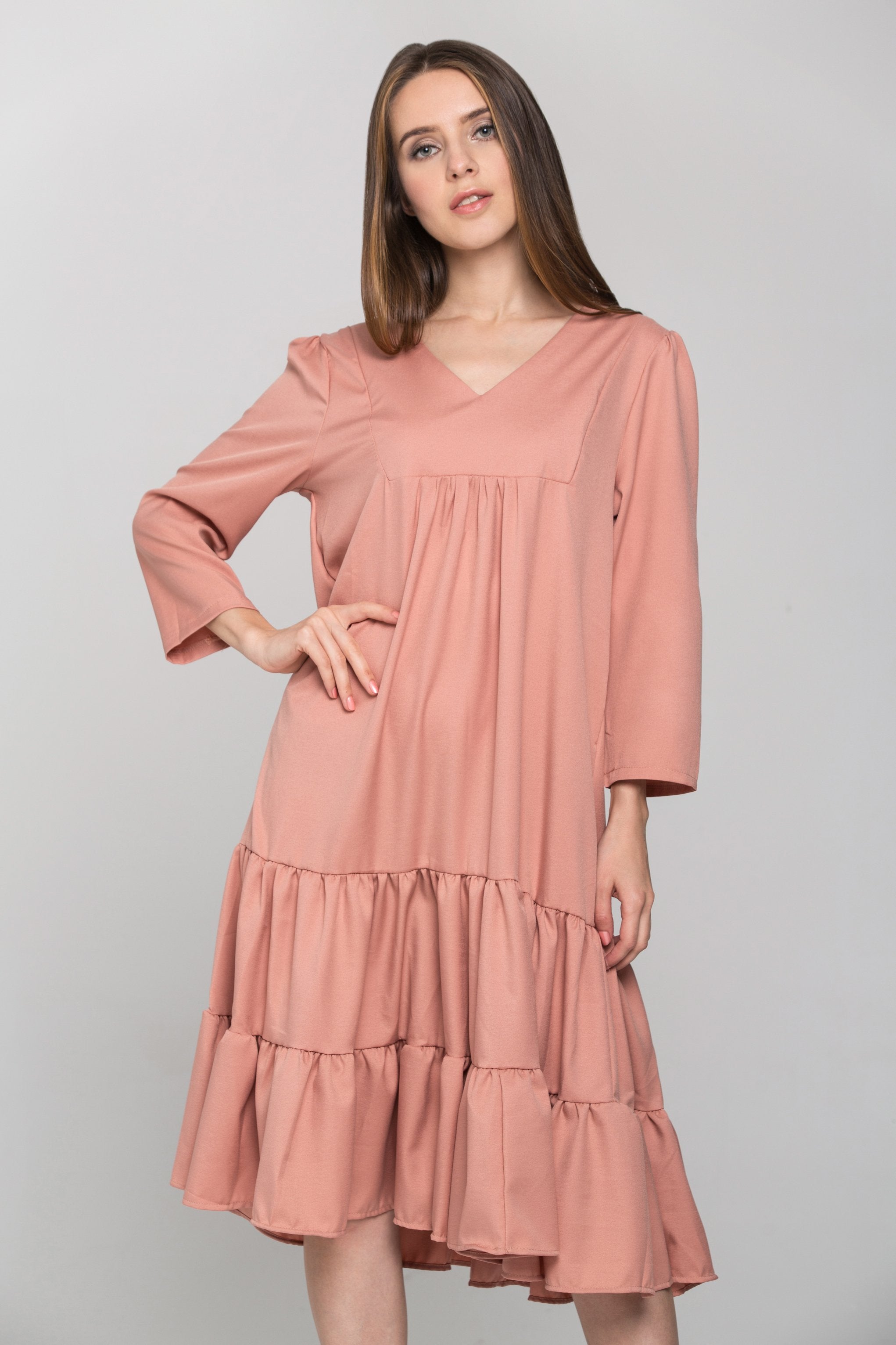 Pecan Flounced Panel Midi Dress - ownthelooks-Development