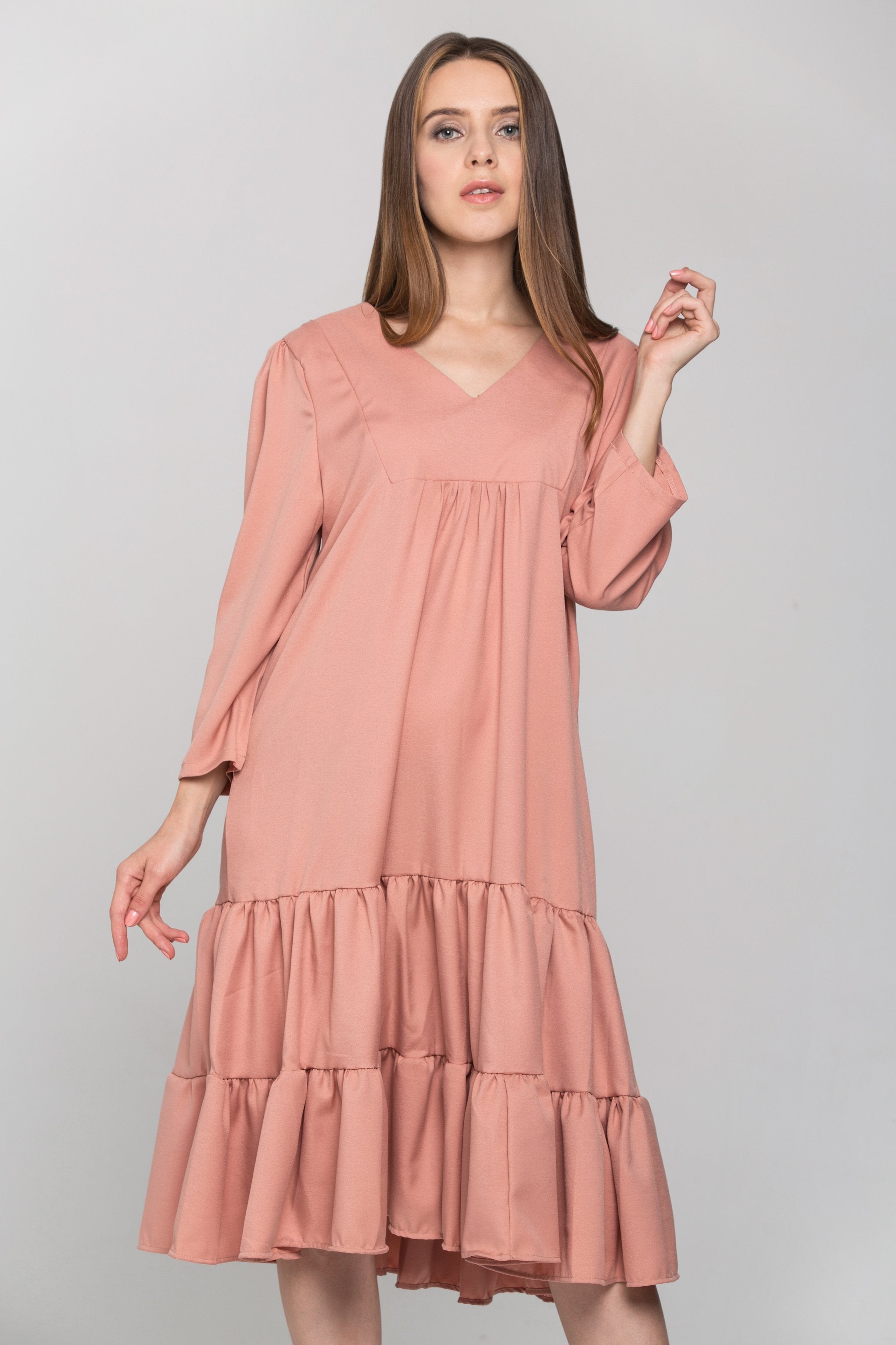 Pecan Flounced Panel Midi Dress - ownthelooks-Development