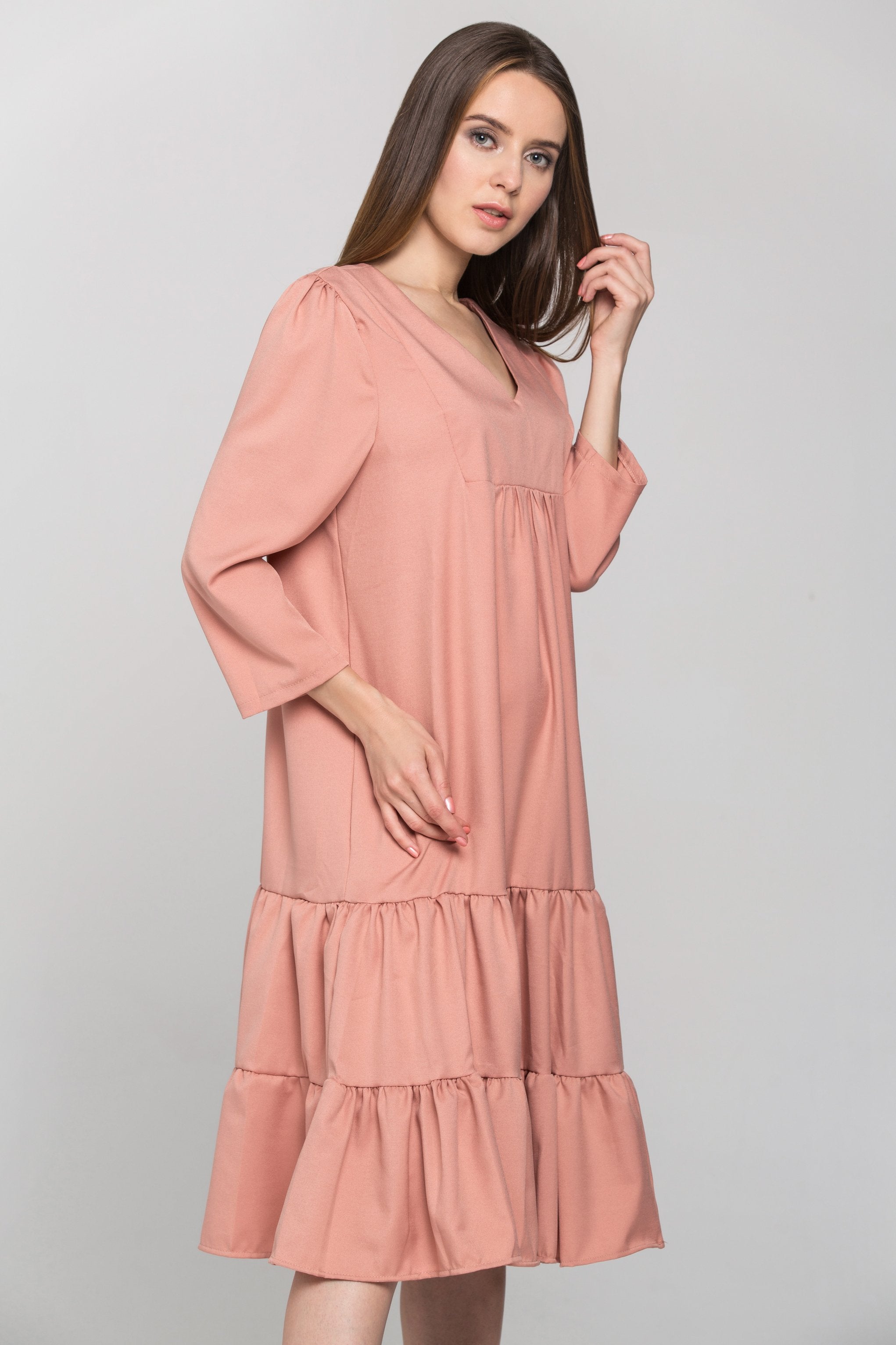 Pecan Flounced Panel Midi Dress - ownthelooks-Development