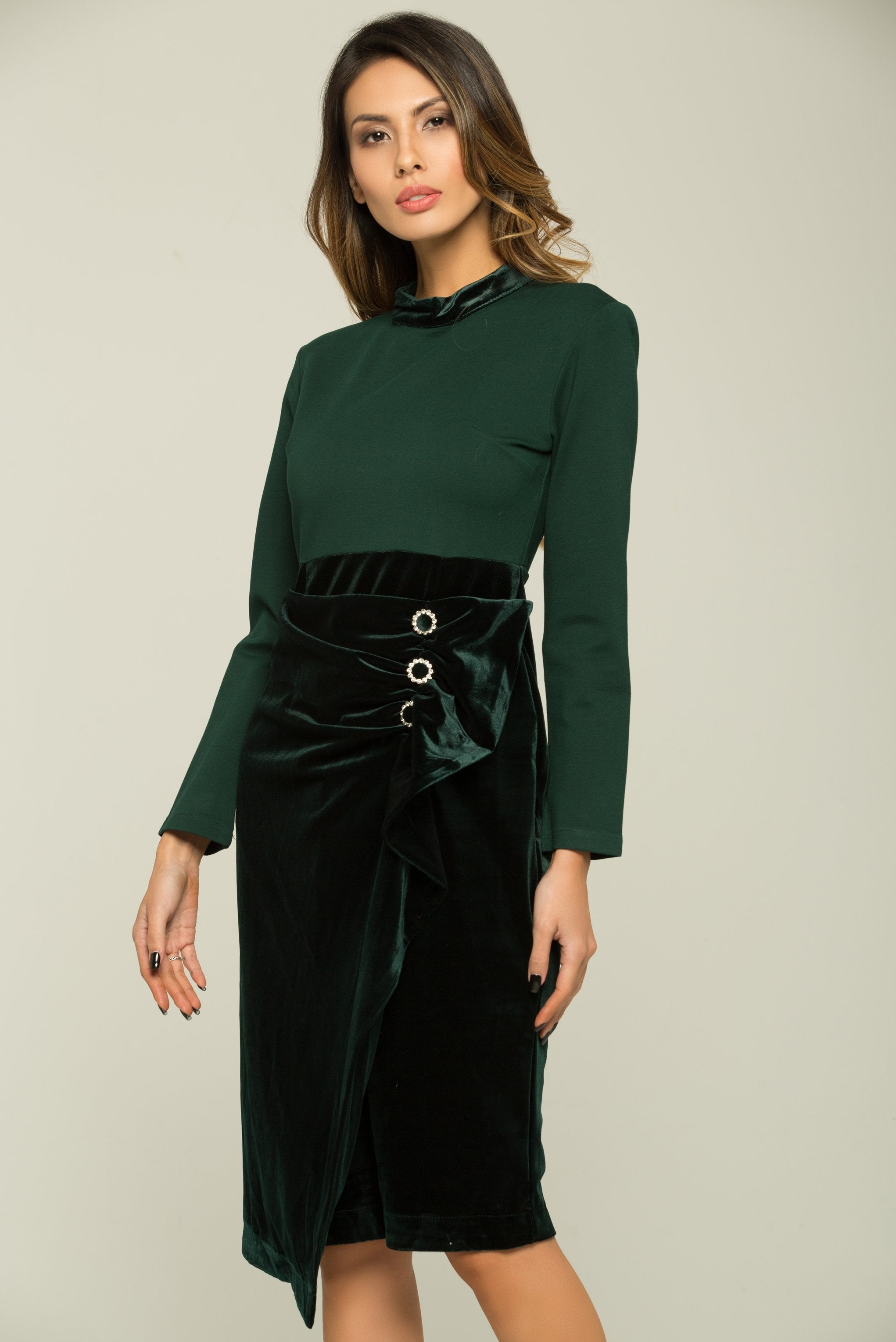 Pine Green Full Sleeves Buttoned Up Dress - ownthelooks-Development