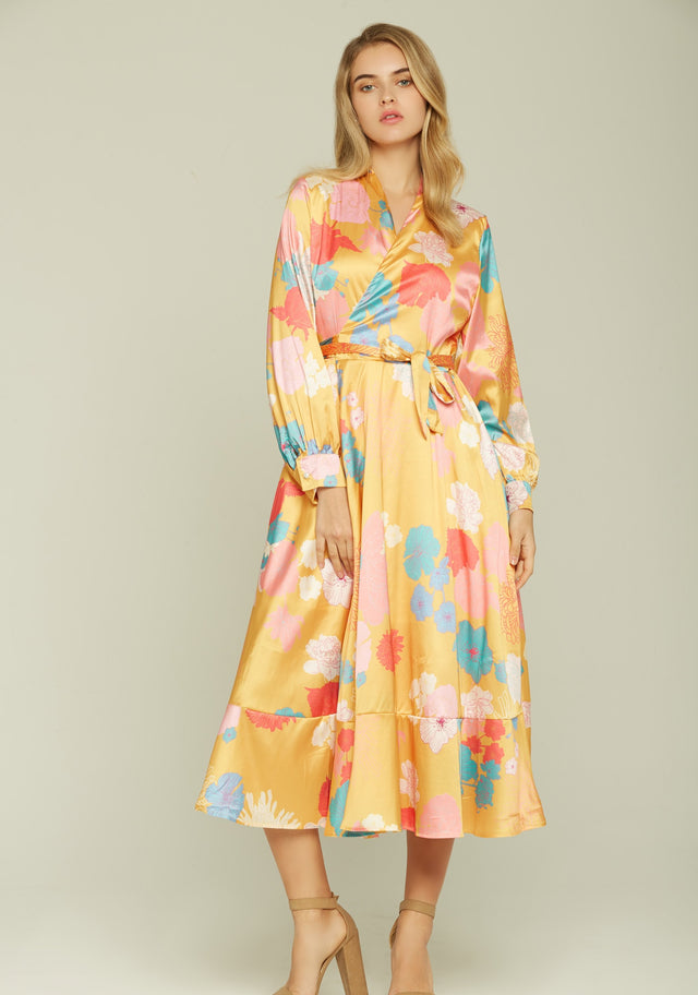 Pineapple Yellow Floral Print Wrap-around Midi Dress - ownthelooks-Development