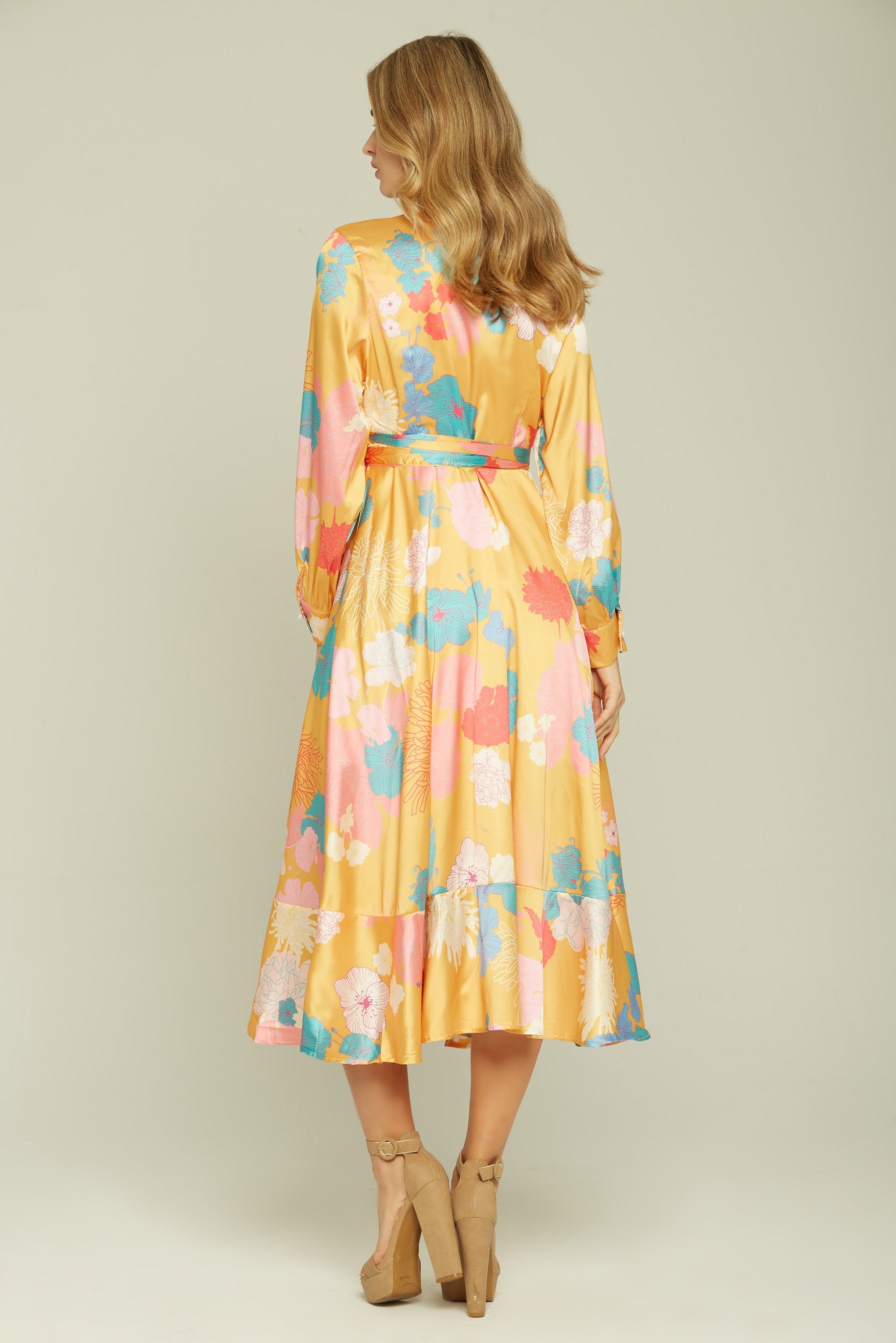 Pineapple Yellow Floral Print Wrap-around Midi Dress - ownthelooks-Development
