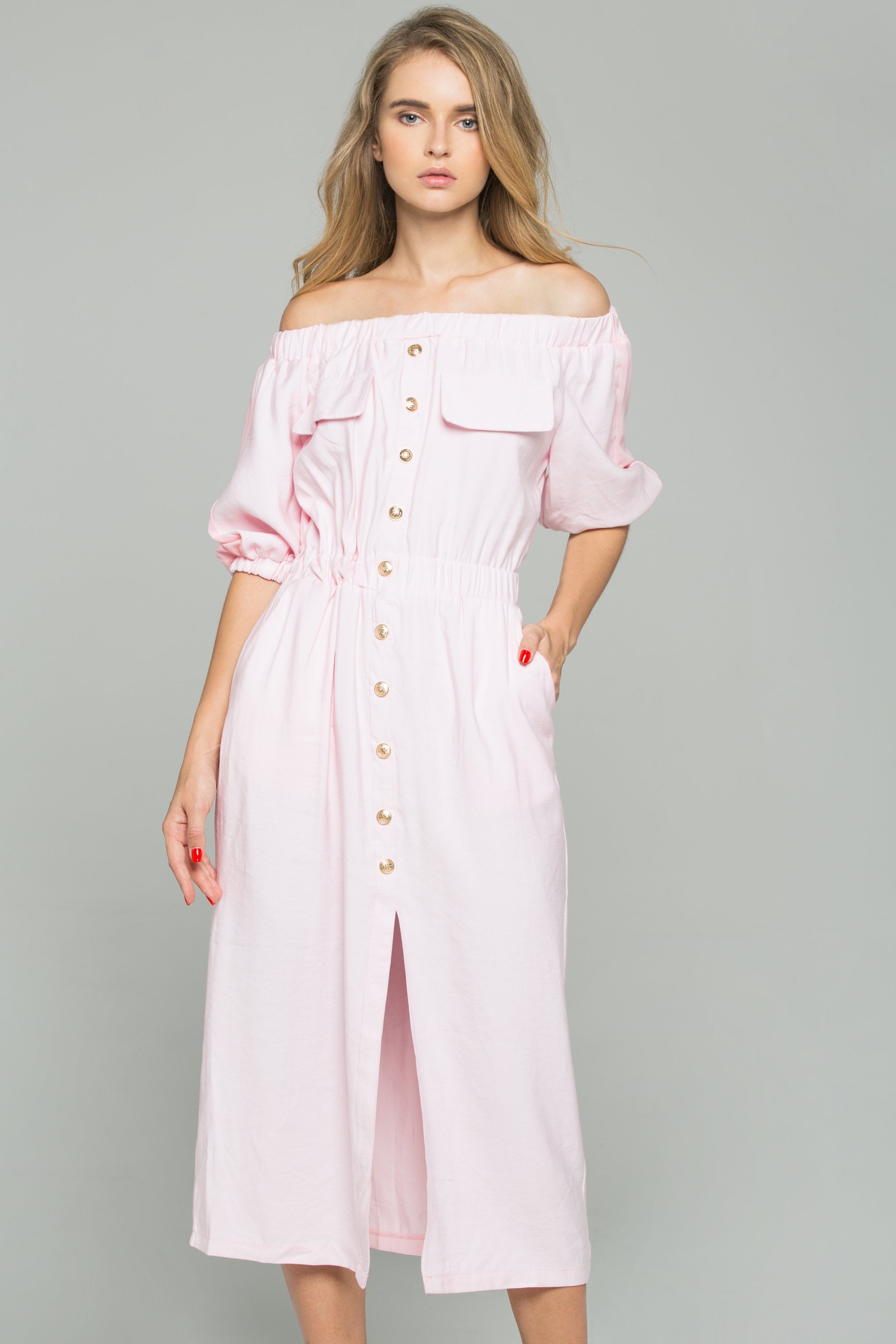 Pink Chiffon Ruched Pleat Off-The-Shoulder Button-Down Long-Sleeved Midi Dress - ownthelooks-Development